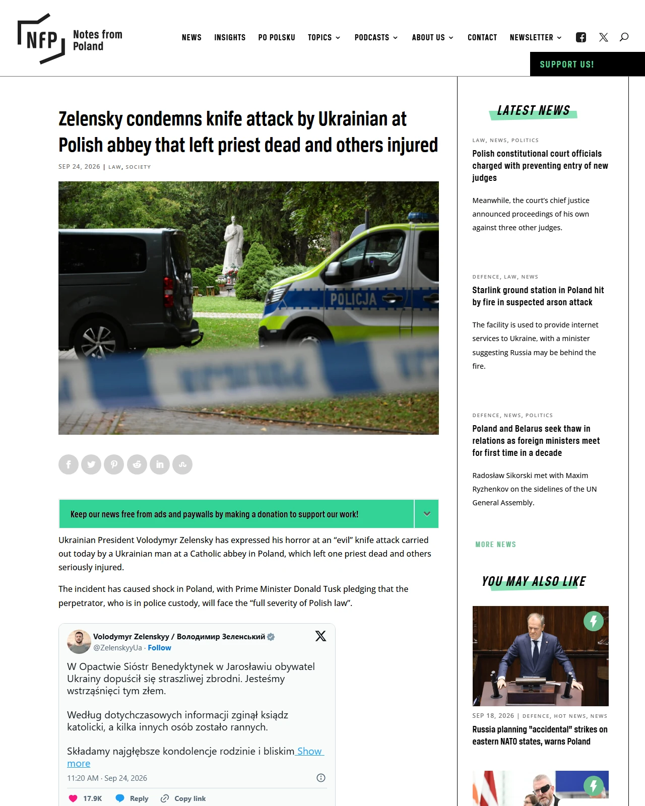 notesfrompoland.com as published: Zelensky condemns knife attack by Ukrainian at Polish abbey that left priest dead and others injured
