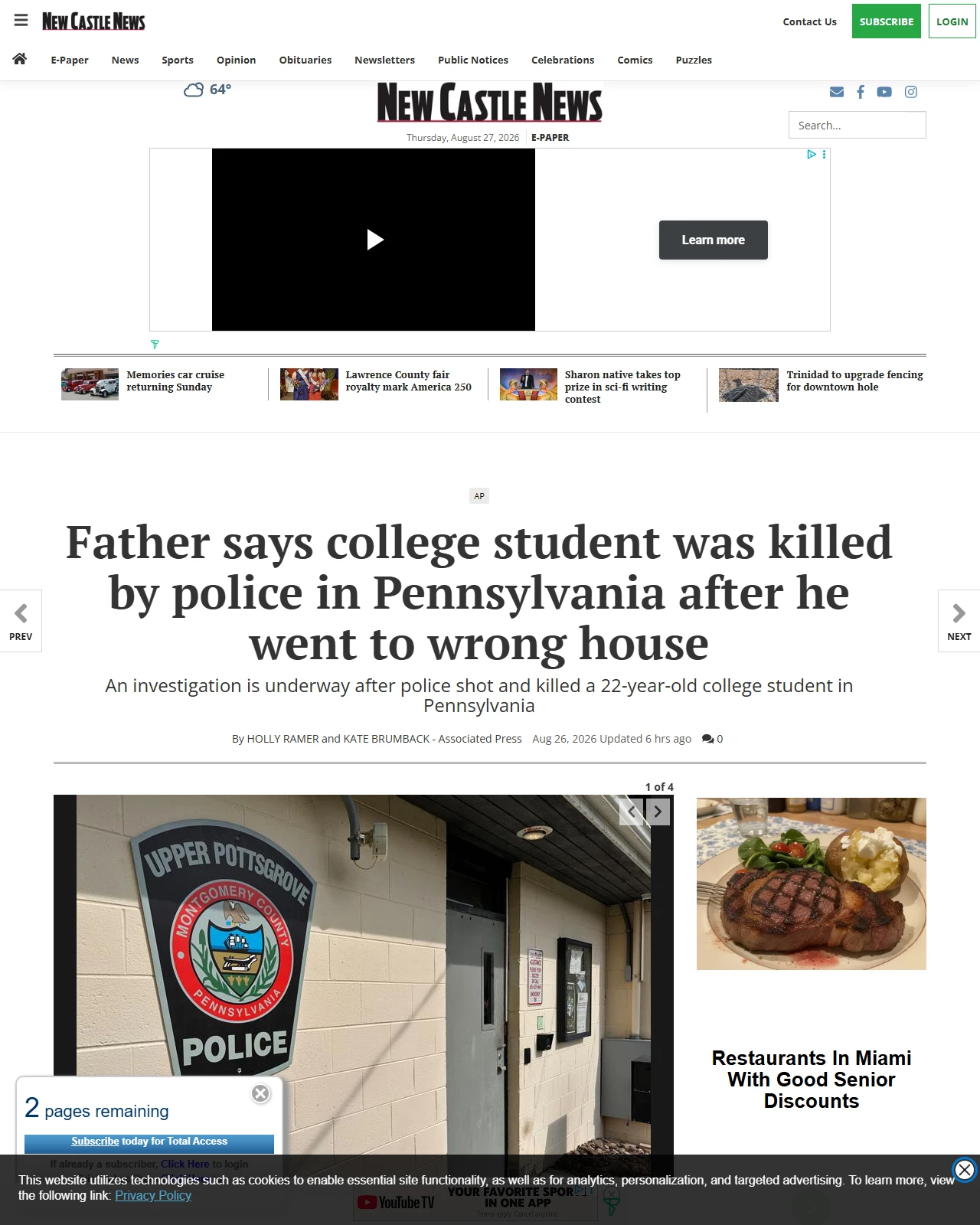 ncnewsonline.com as published: Father says college student was killed by police in Pennsylvania after he went to wrong house