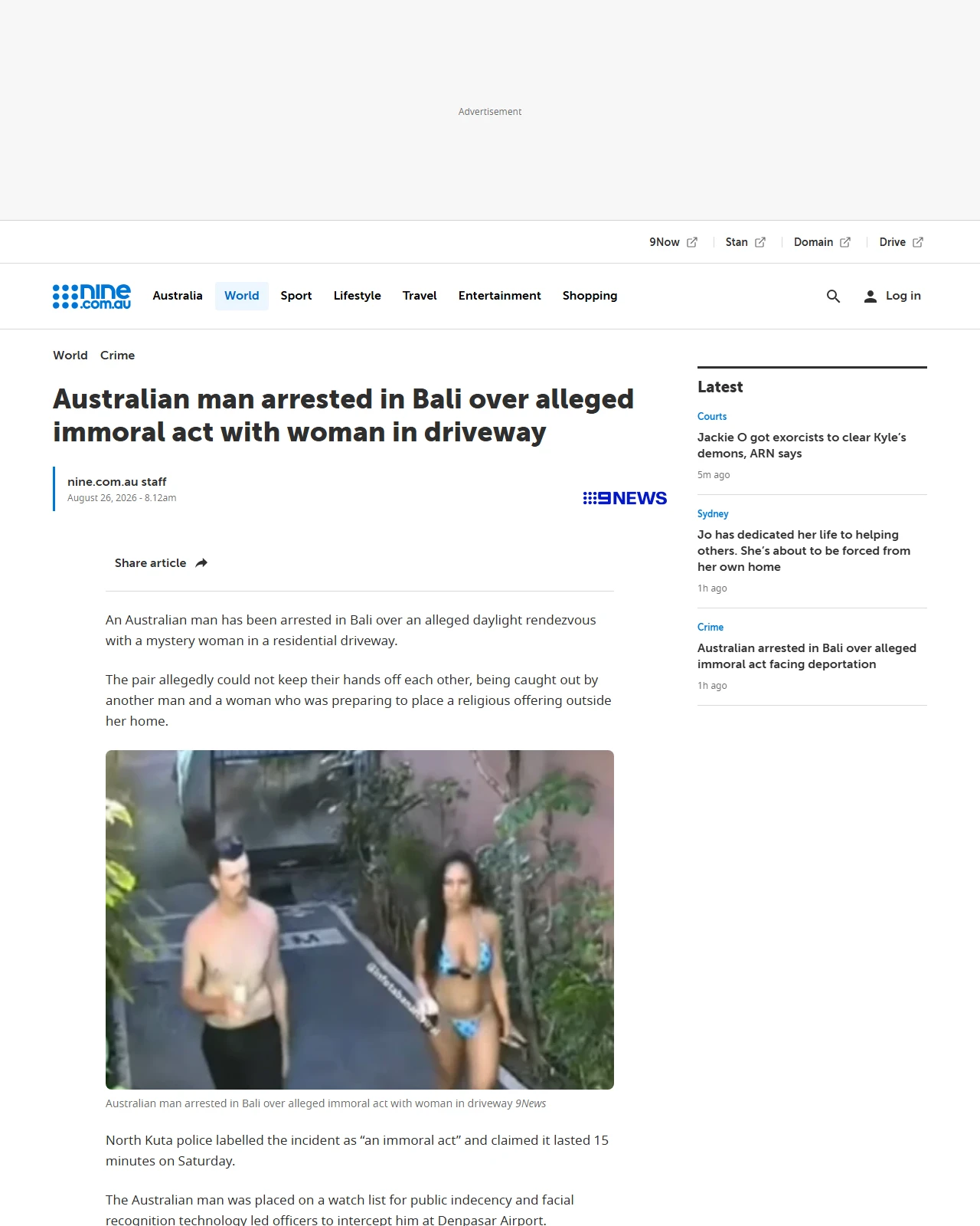 nine.com.au as published: Australian man arrested in Bali over alleged immoral act with woman in driveway