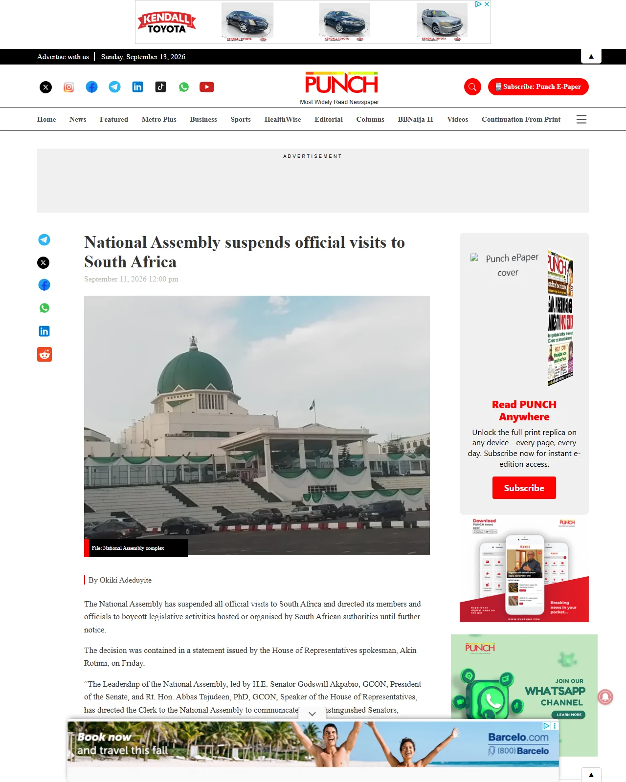 punchng.com as published: National Assembly suspends official visits to South Africa