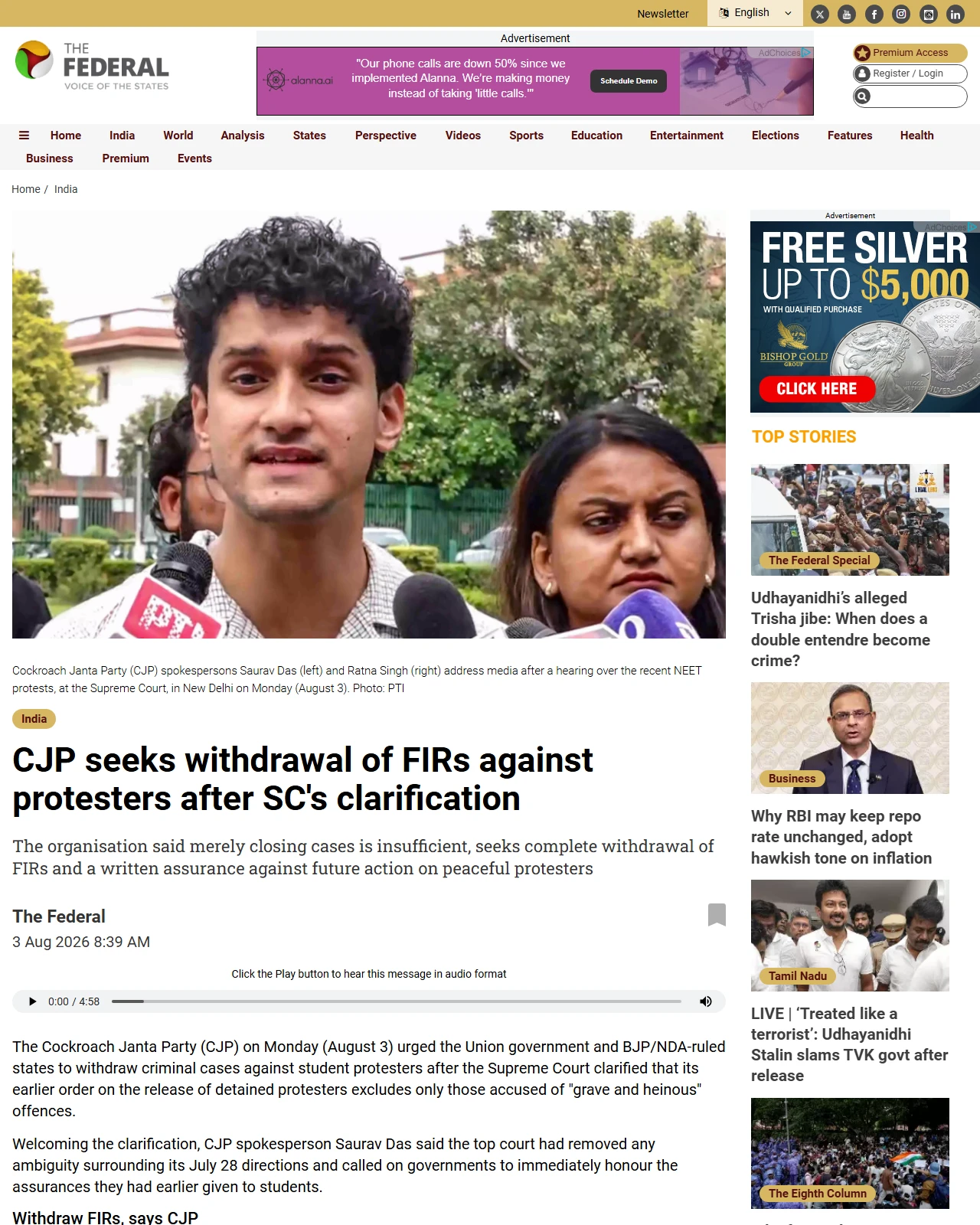 thefederal.com as published: CJP seeks withdrawal of FIRs against protesters after SC's clarification