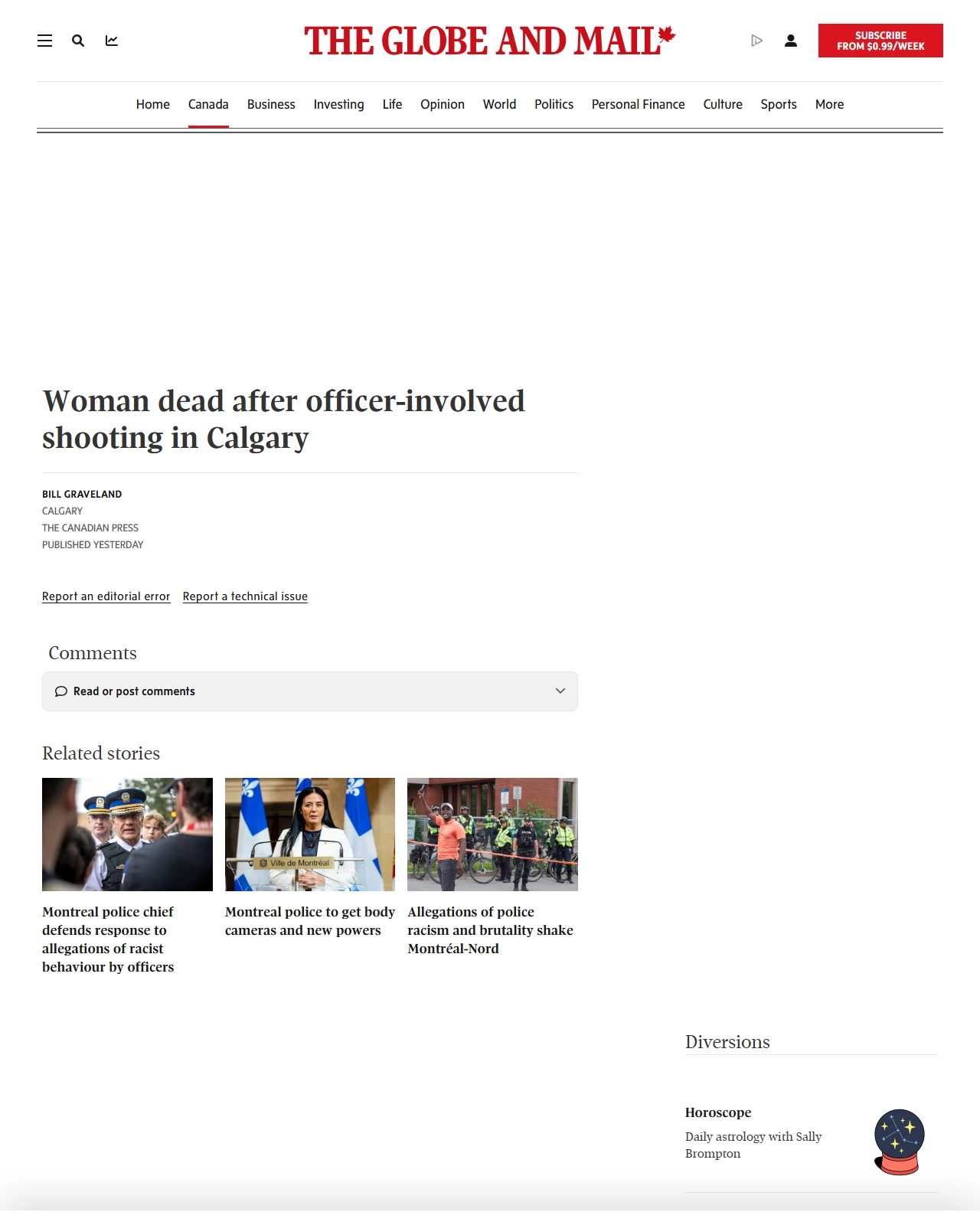 theglobeandmail.com as published: Woman dead after officer-involved shooting in Calgary