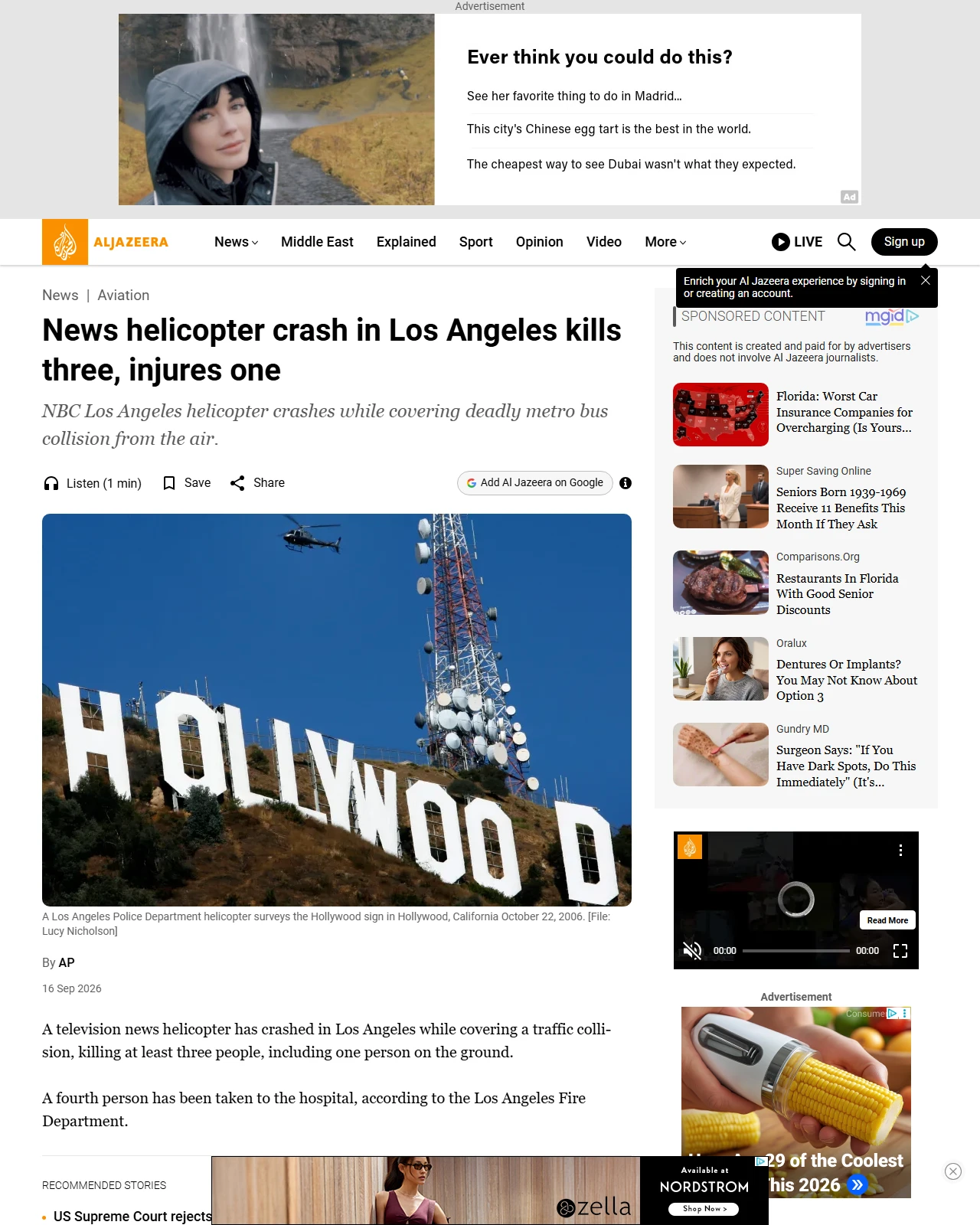 aljazeera.com as published: News helicopter crash in Los Angeles kills three, injures one
