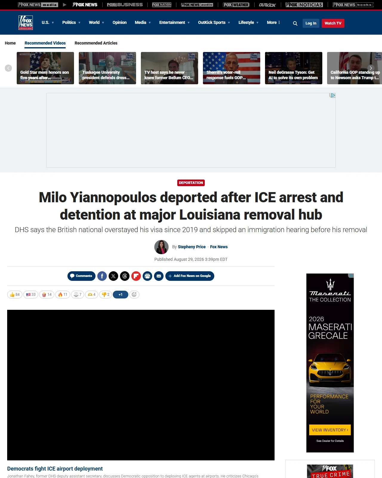 foxnews.com as published: Milo Yiannopoulos deported after ICE arrest and detention at major Louisiana removal hub