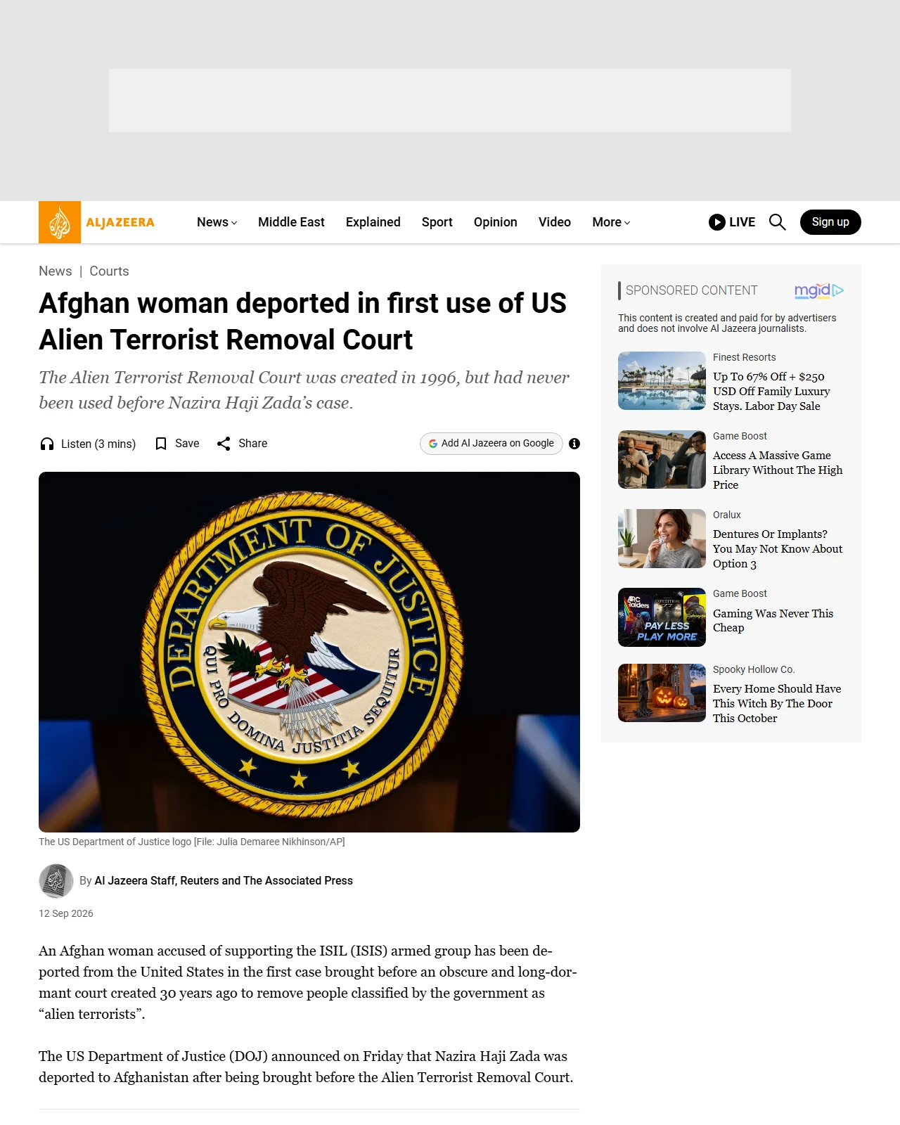 aljazeera.com as published: Afghan woman deported in first use of US Alien Terrorist Removal Court