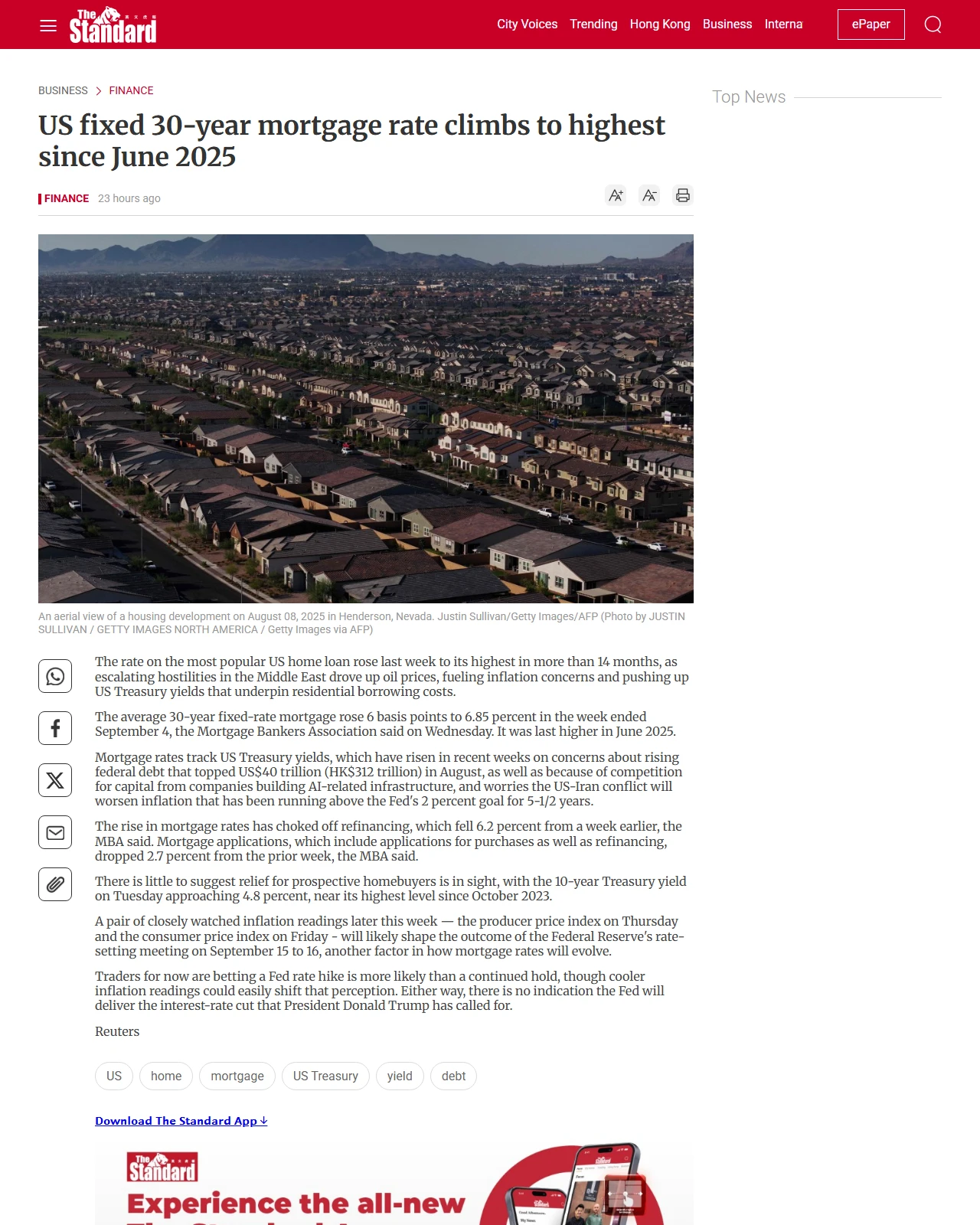 thestandard.com.hk as published: US fixed 30-year mortgage rate climbs to highest since June 2025