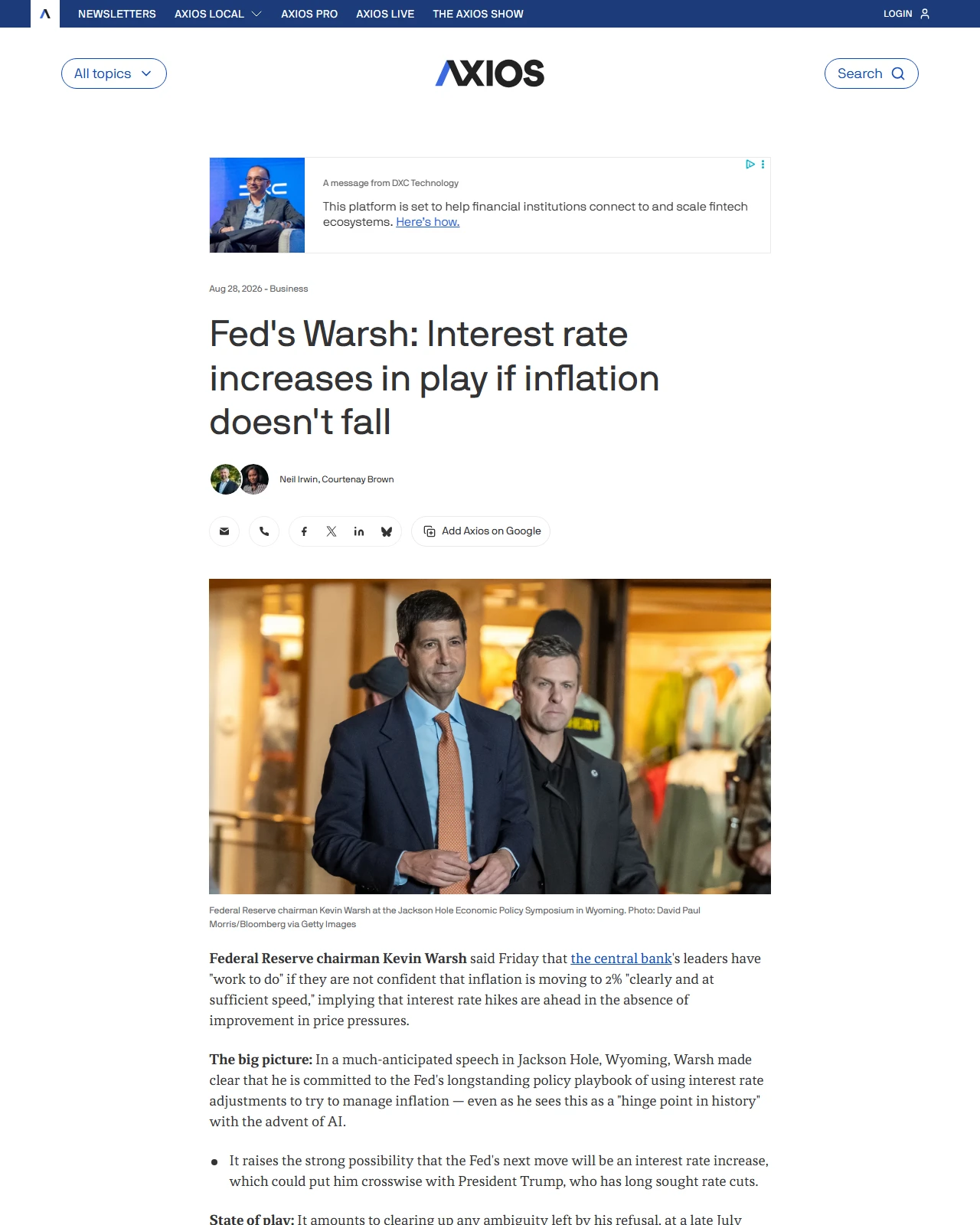 axios.com as published: Fed's Warsh: Interest rate increases in play if inflation doesn't fall