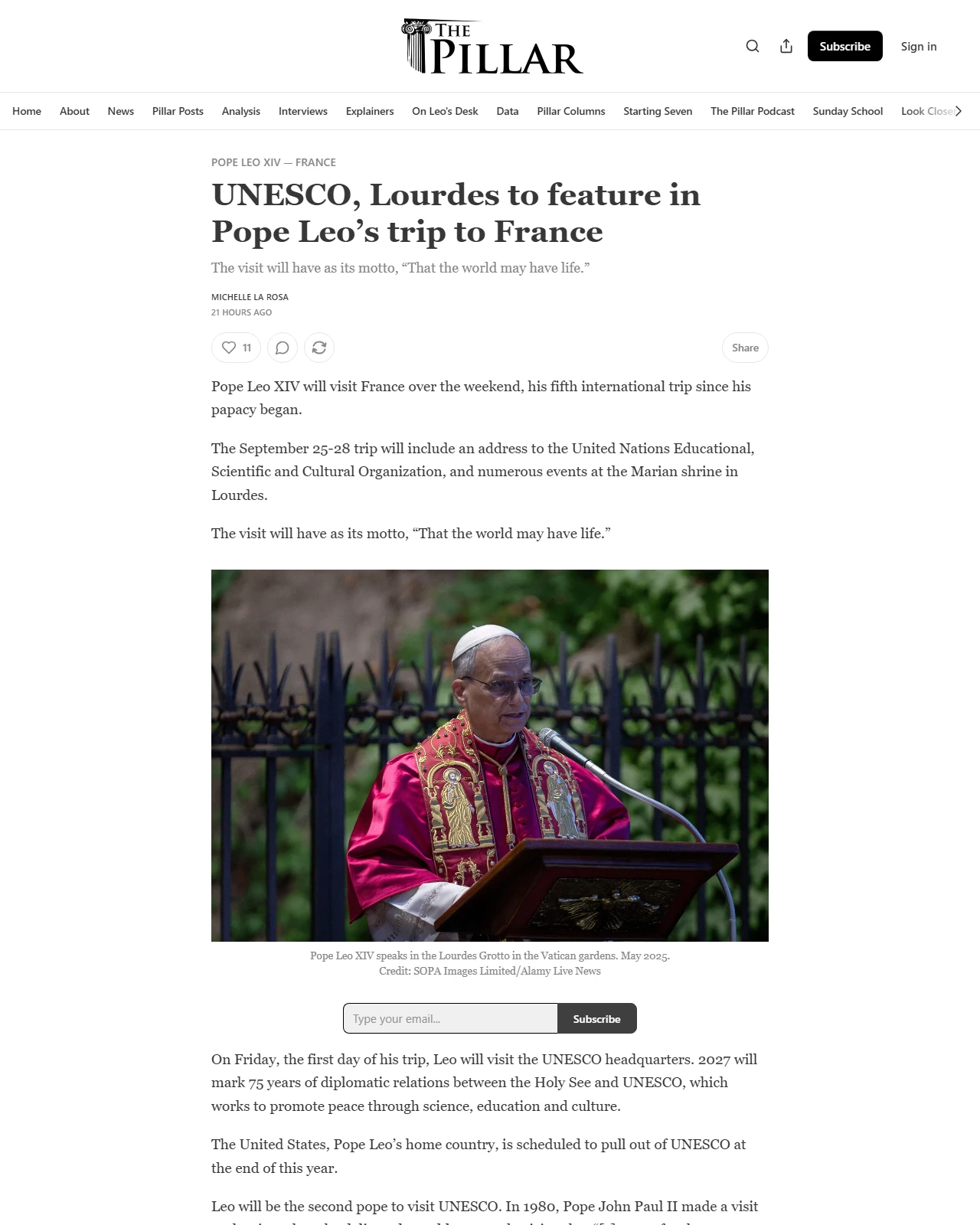 pillarcatholic.com as published: UNESCO, Lourdes to feature in Pope Leo’s trip to France