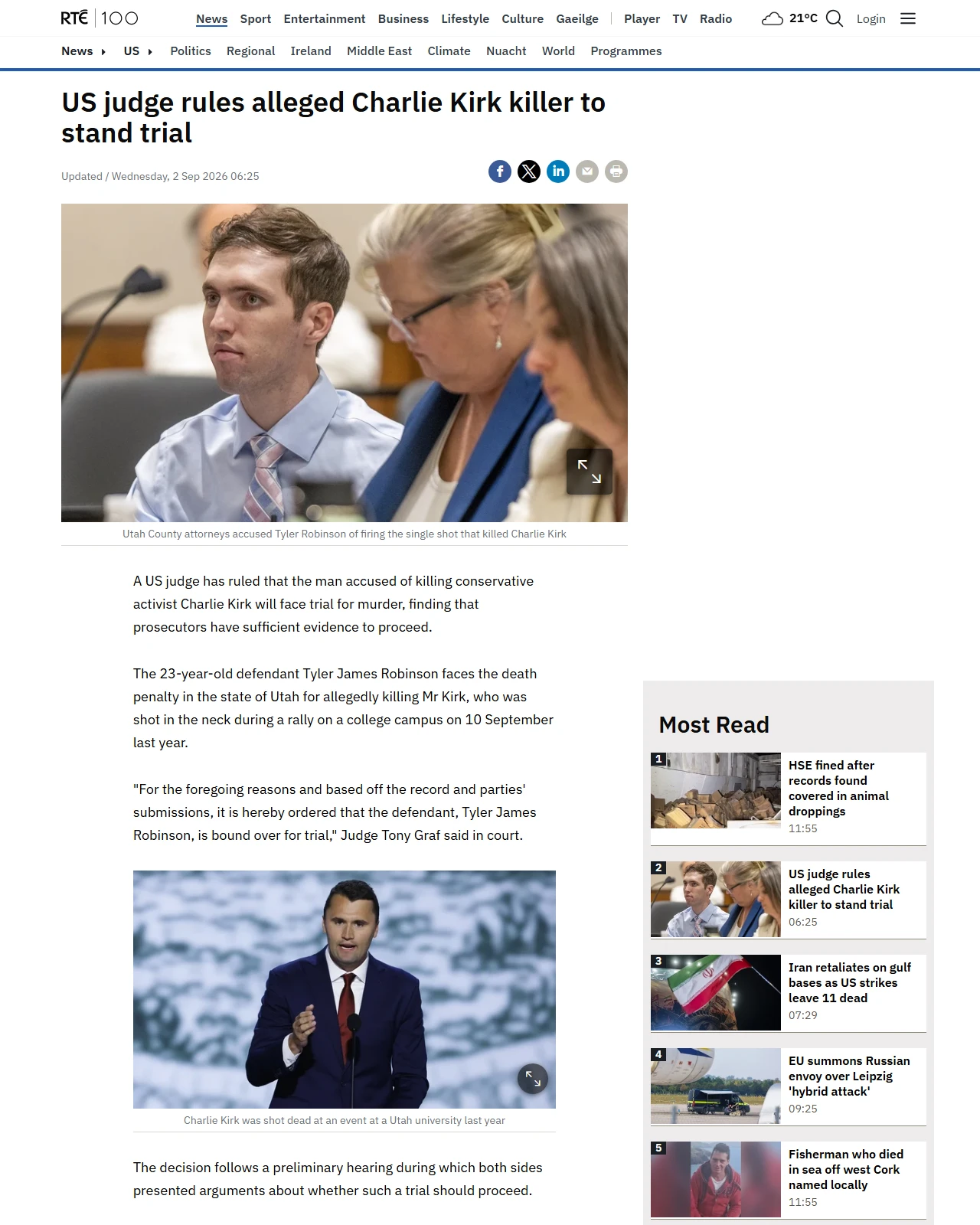 rte.ie as published: US judge rules alleged Charlie Kirk killer to stand trial