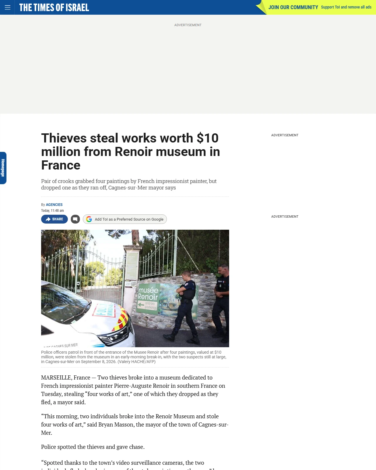 timesofisrael.com as published: Thieves steal works worth $10 million from Renoir museum in France