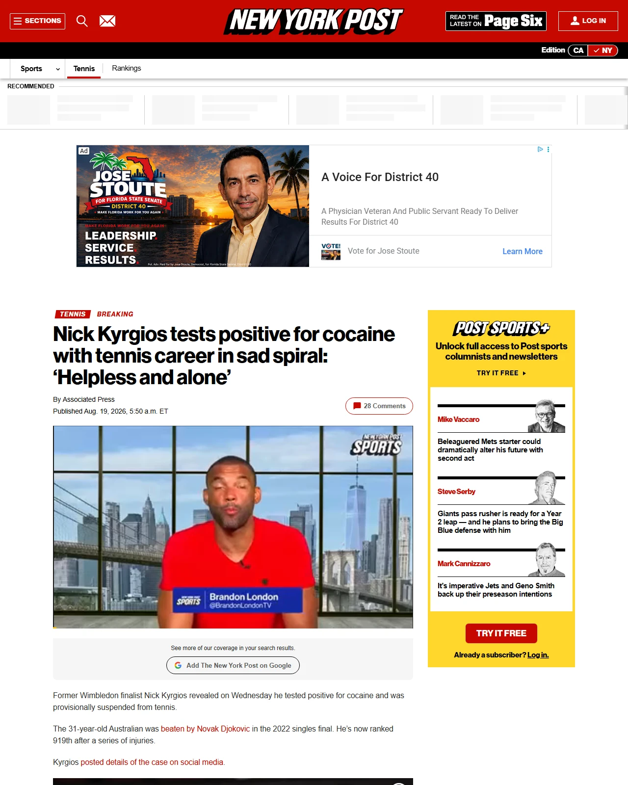 nypost.com as published: Nick Kyrgios tests positive for cocaine with tennis career in sad spiral: ‘Helpless and alone’