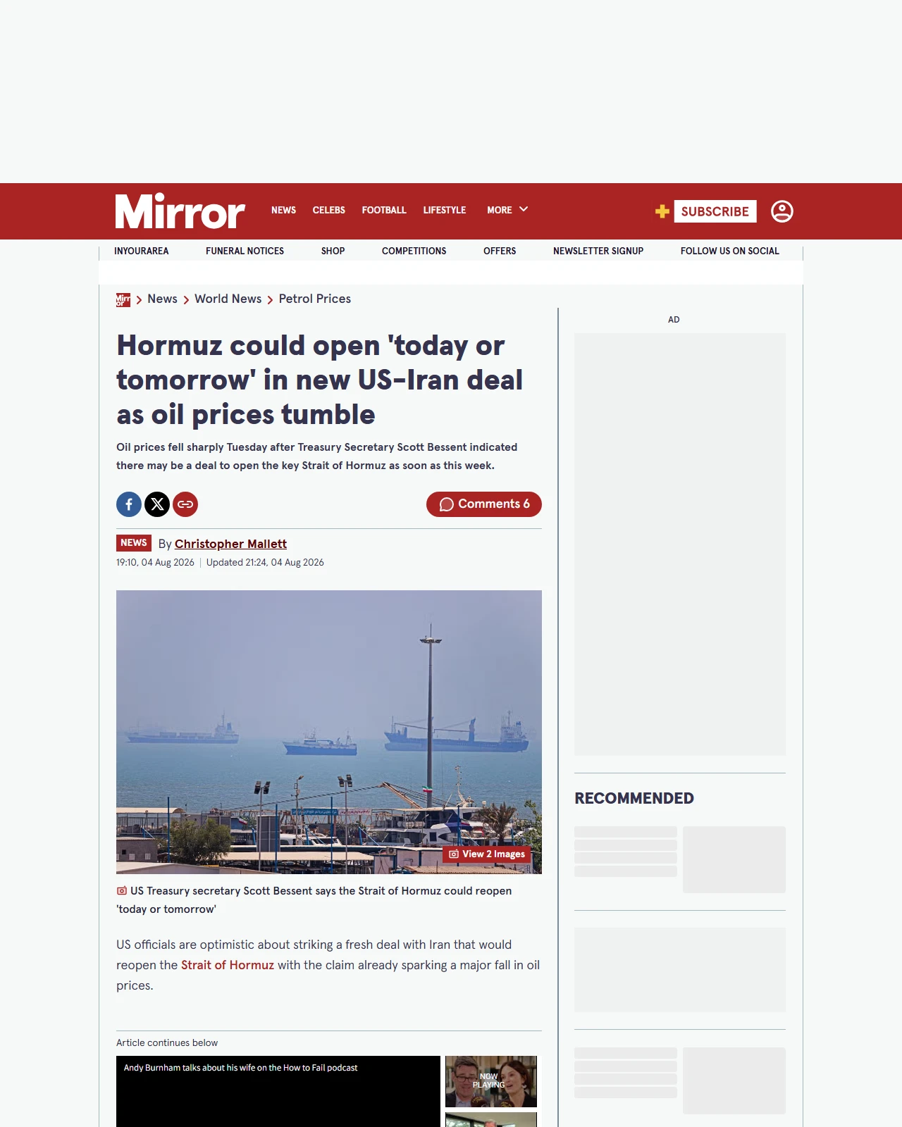 mirror.co.uk as published: Hormuz could open 'today or tomorrow' in new US-Iran deal as oil prices tumble