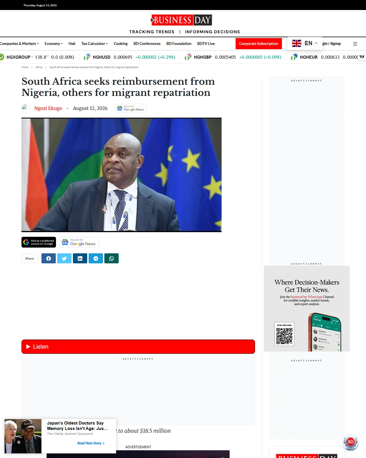 businessday.ng as published: South Africa seeks reimbursement from Nigeria, others for migrant repatriation