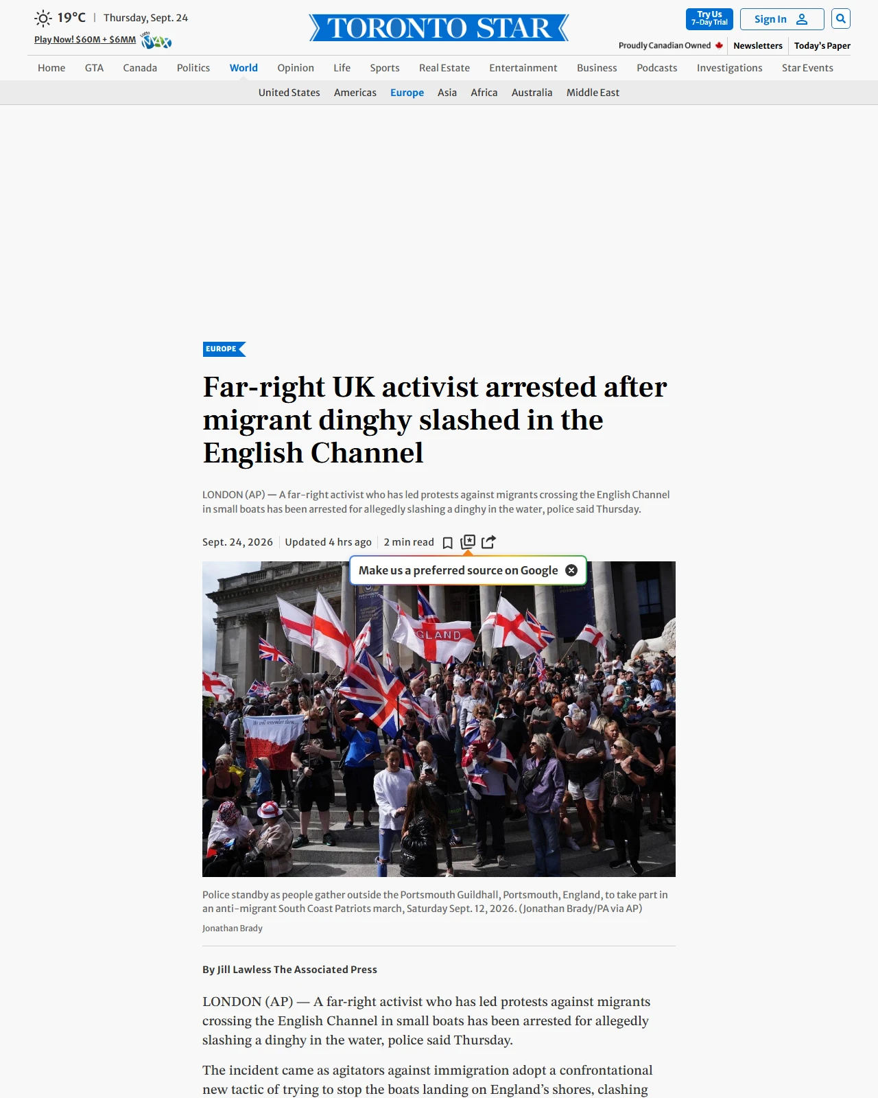 thestar.com as published: Far-right UK activist arrested after migrant dinghy slashed in the English Channel