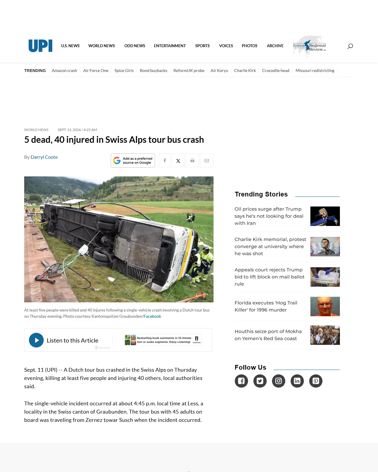 upi.com as published: 5 dead, 40 injured in Swiss Alps tour bus crash
