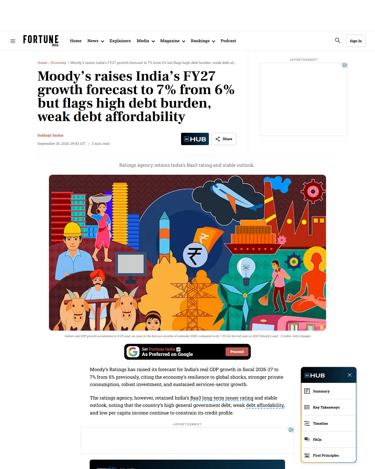 fortuneindia.com as published: Moody’s raises India’s FY27 growth forecast to 7% from 6% but flags high debt burden, weak debt affordability