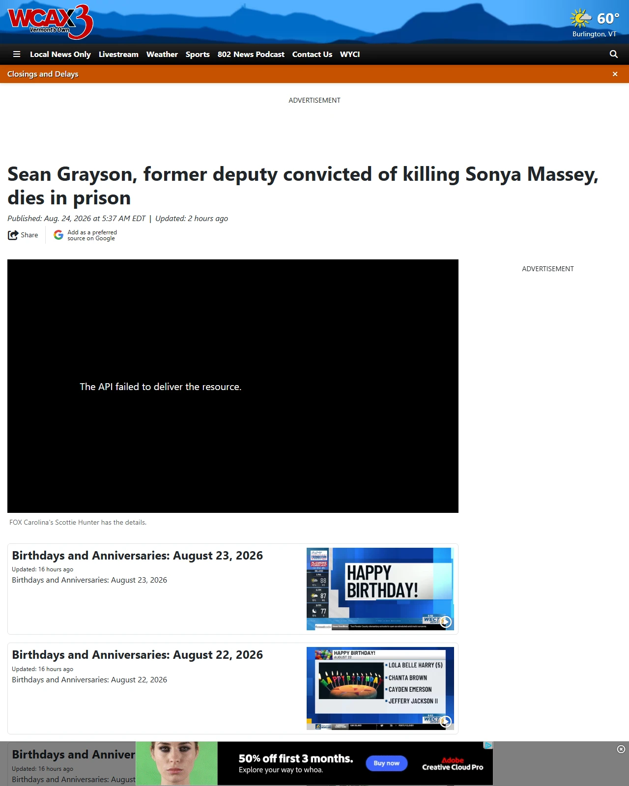 wcax.com as published: Sean Grayson, former deputy convicted of killing Sonya Massey, dies in prison