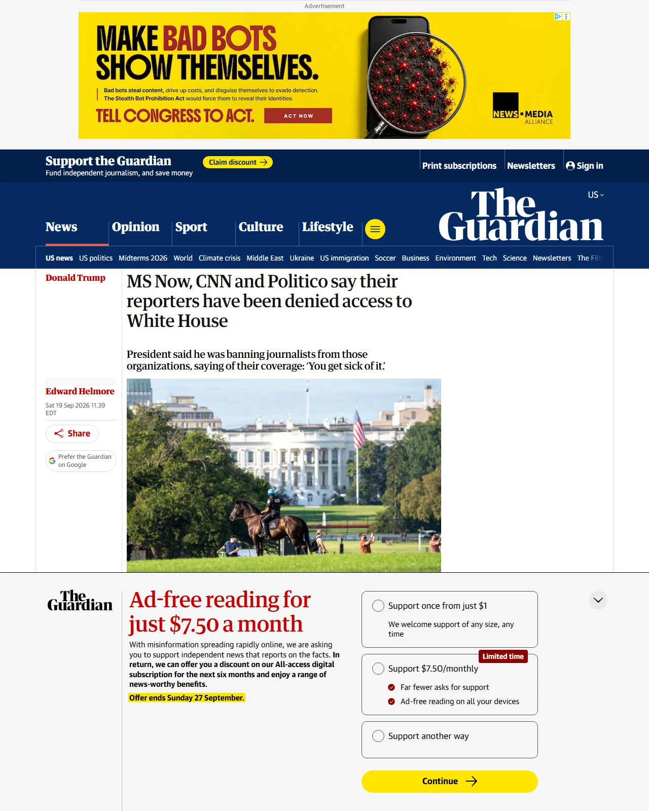 theguardian.com as published: MS Now, CNN and Politico say reporters have been denied access to White House