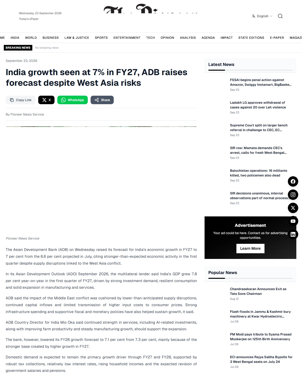 dailypioneer.com as published: ADB Raises India's FY27 Growth Forecast to 7%
