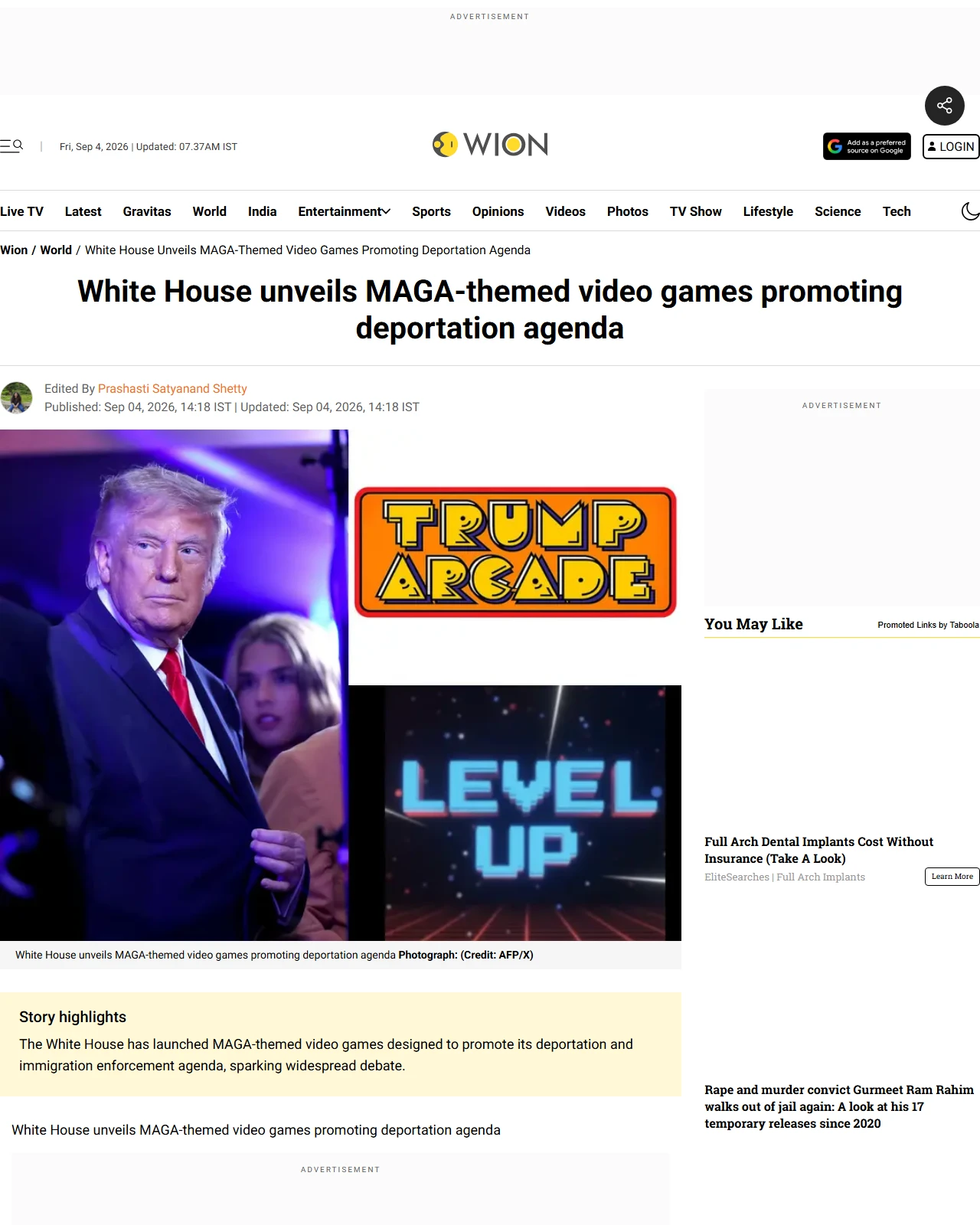wionews.com as published: White House unveils MAGA-themed video games promoting deportation agenda