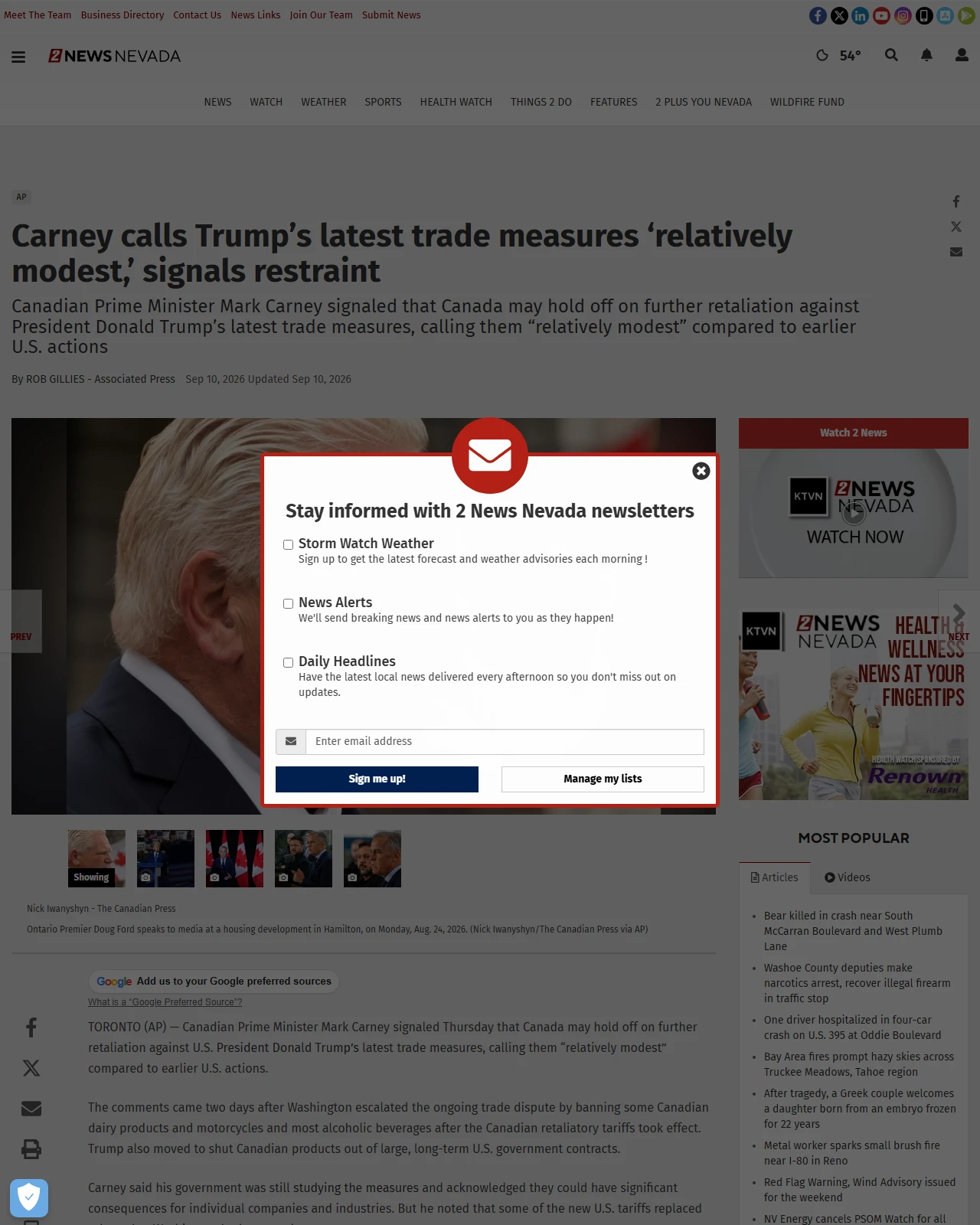 ktvn.com as published: Ontario premier hopes Republicans lose House and Senate as Trump trade war escalates | World News | 2news.com
