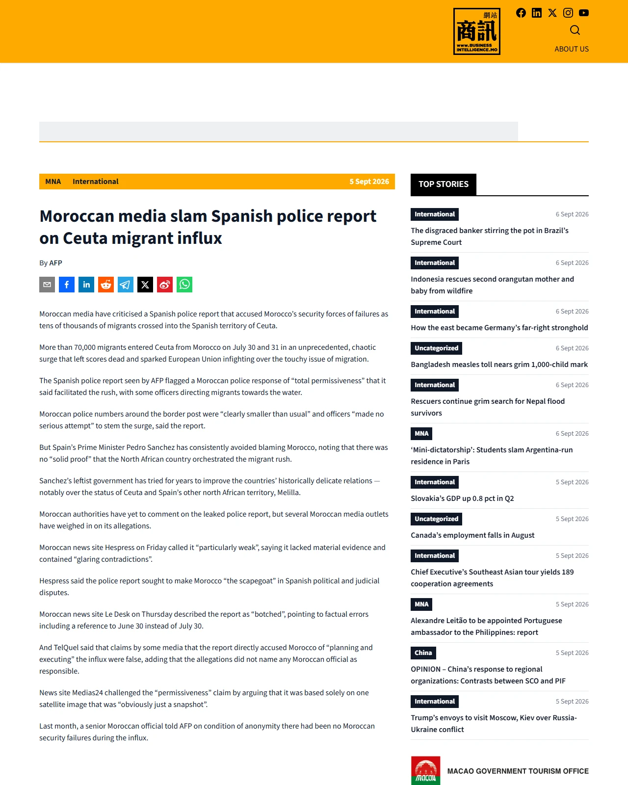 macaubusiness.com as published: Moroccan media slam Spanish police report on Ceuta migrant influx