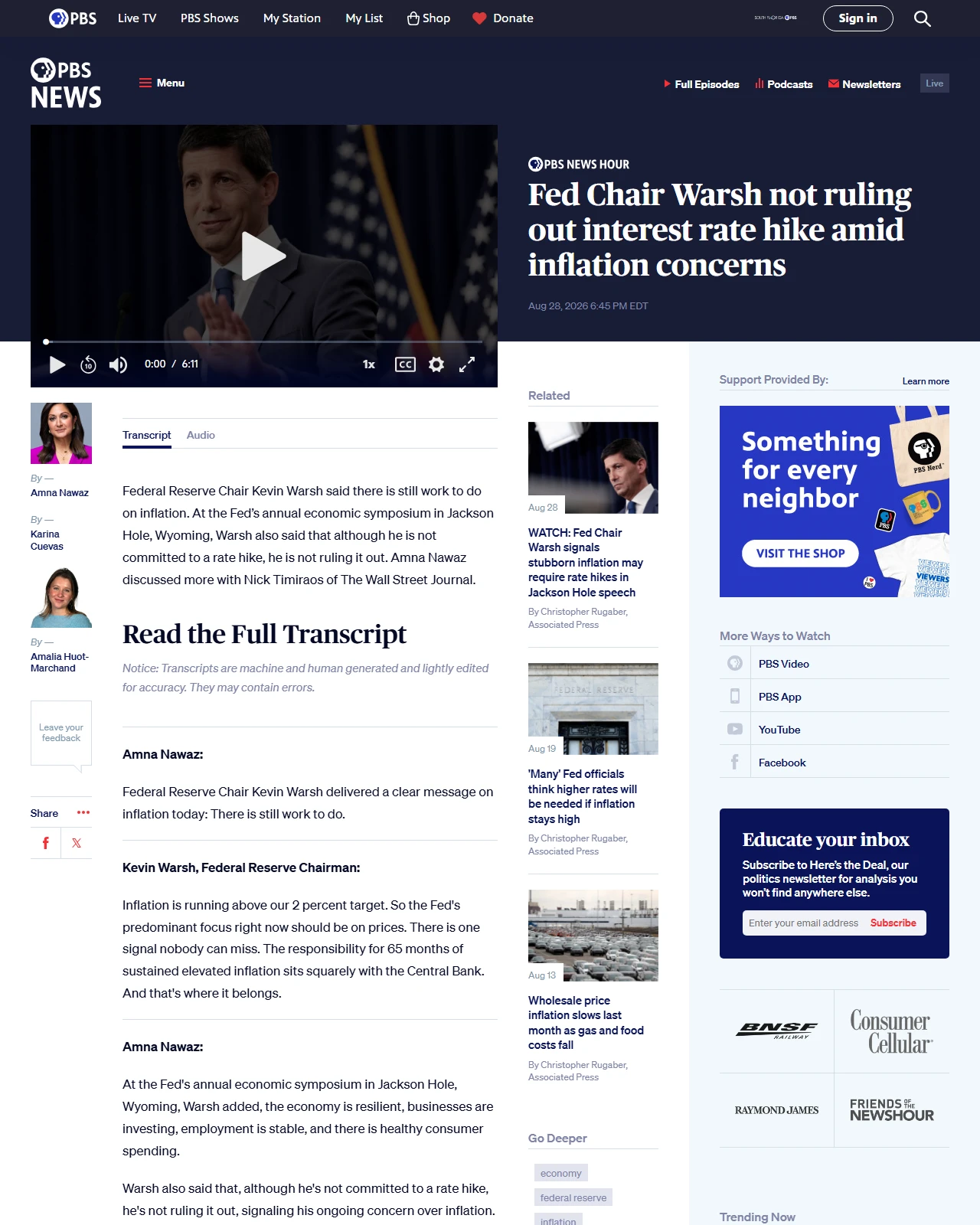 pbs.org as published: Fed Chair Warsh not ruling out interest rate hike amid inflation concerns