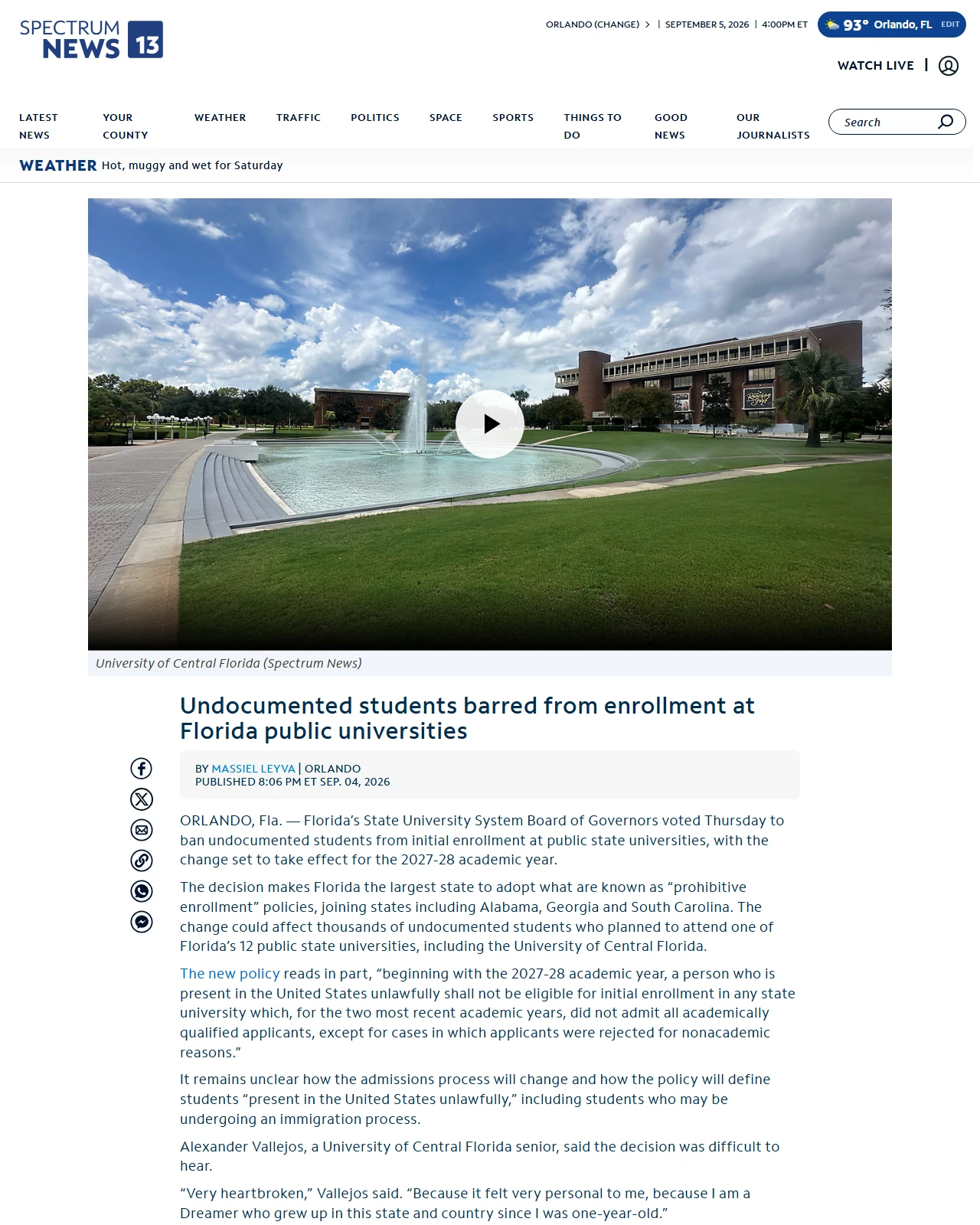 mynews13.com as published: Undocumented students barred from enrollment at Florida public universities