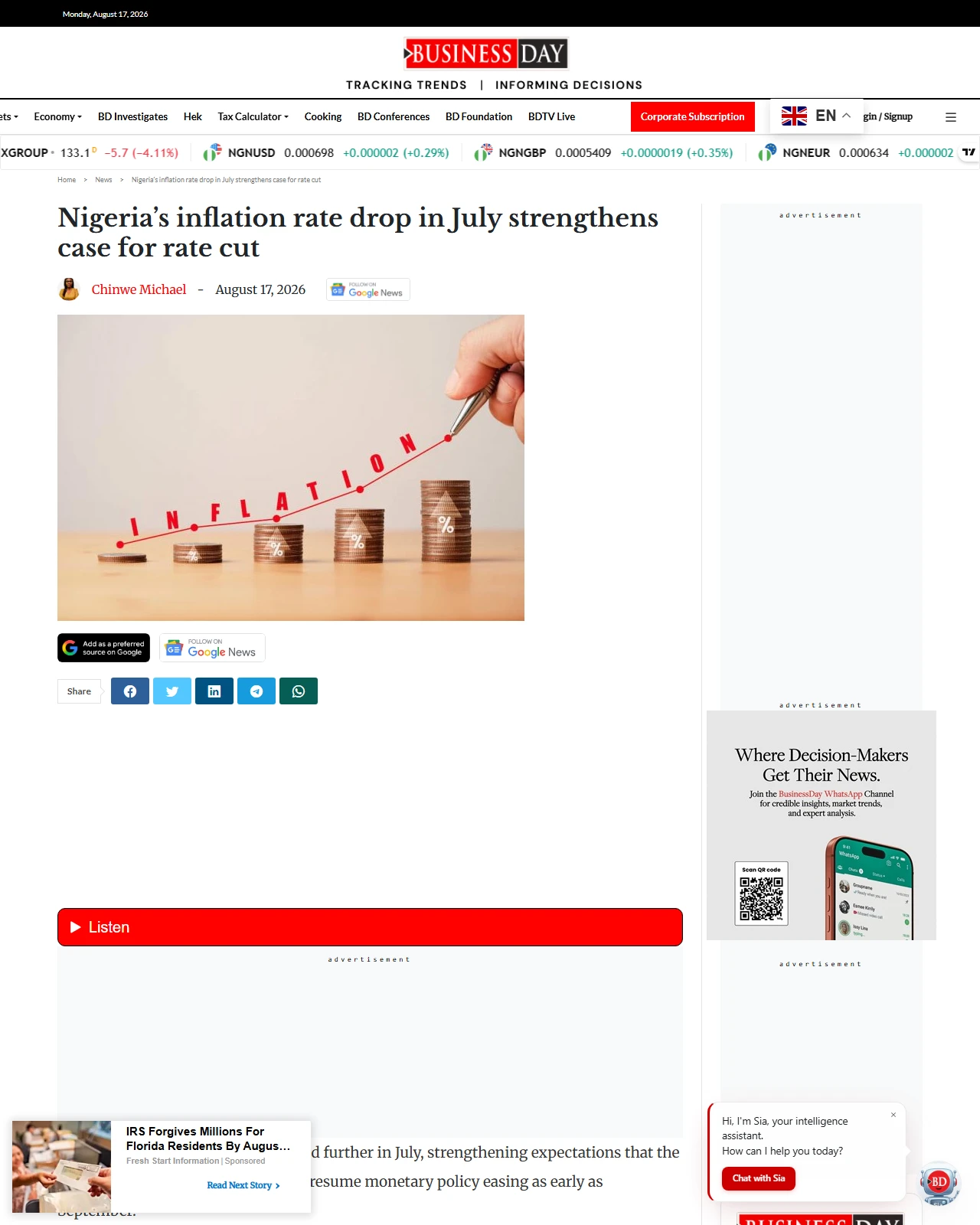 businessday.ng as published: Nigeria’s inflation rate drop in July strengthens case for rate cut