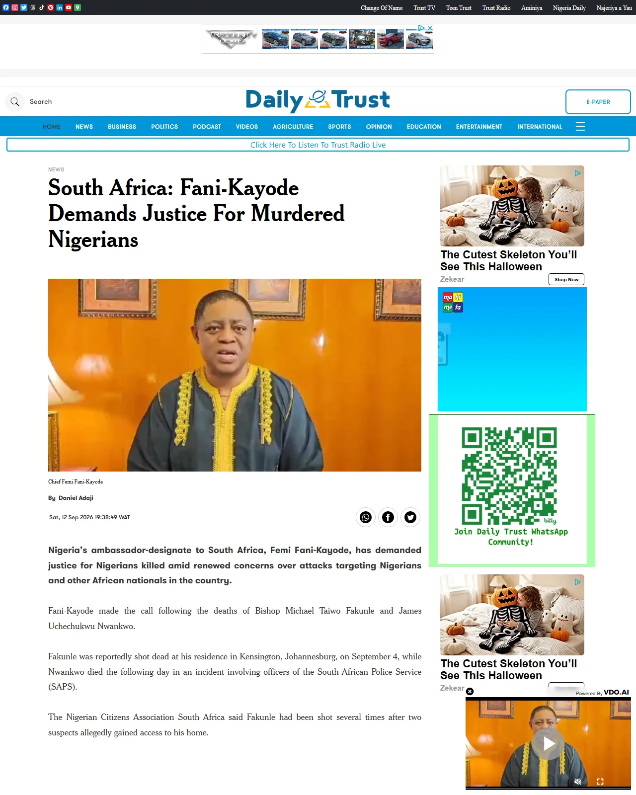 dailytrust.com as published: South Africa: Fani-Kayode Demands Justice for Murdered Nigerians