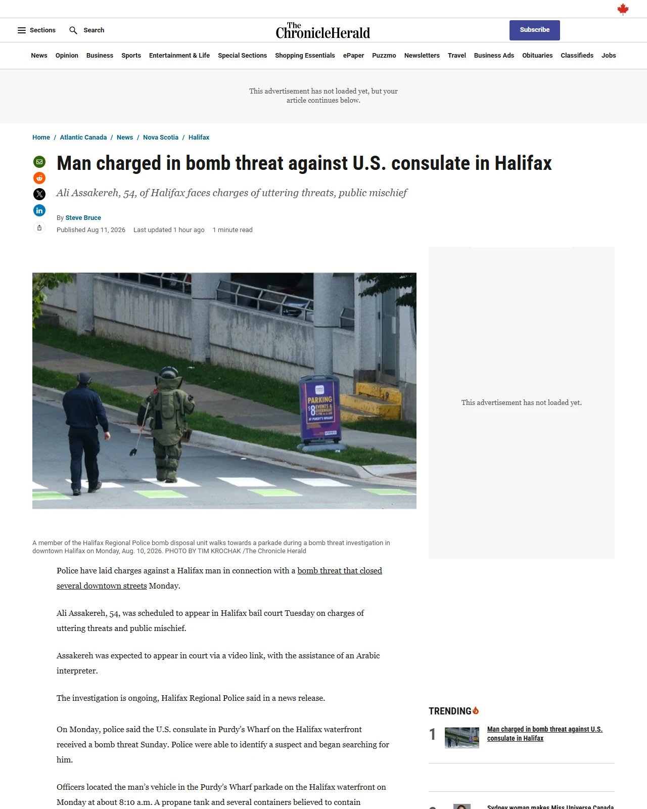 saltwire.com as published: Man, 54, charged in downtown Halifax bomb threat
