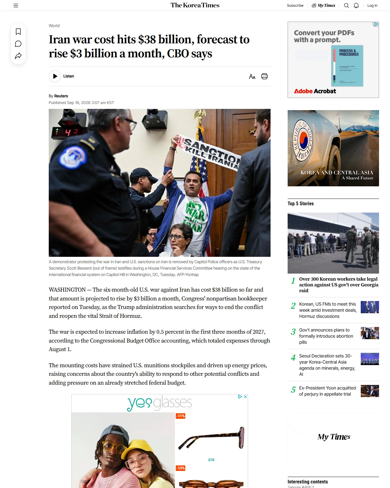 koreatimes.co.kr as published: Iran war cost hits $38 billion, forecast to rise $3 billion a month, CBO says