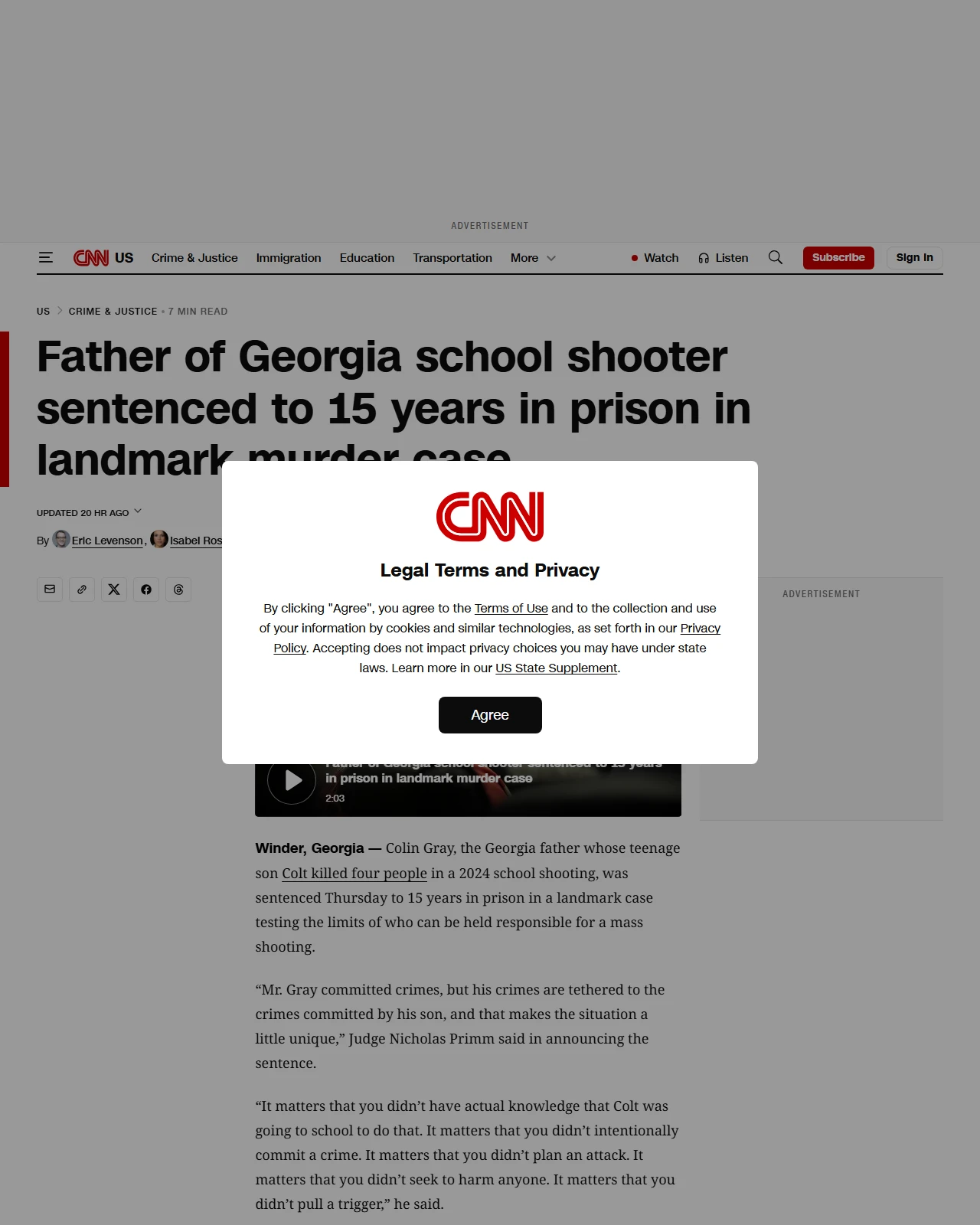 cnn.com as published: Colin Gray: Father of Georgia school shooter sentenced to 15 years in prison in landmark murder case