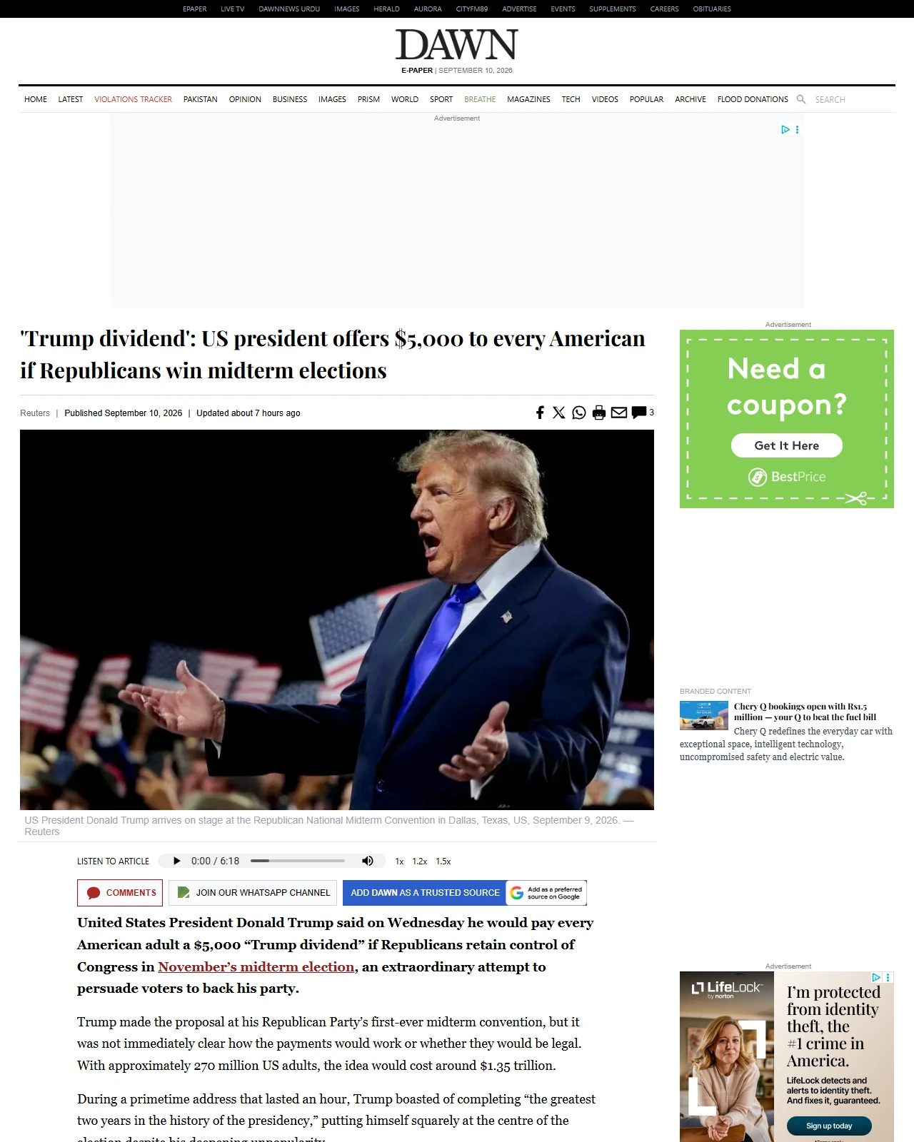 dawn.com as published: 'Trump dividend': US president offers $5,000 to every American if Republicans win midterm elections