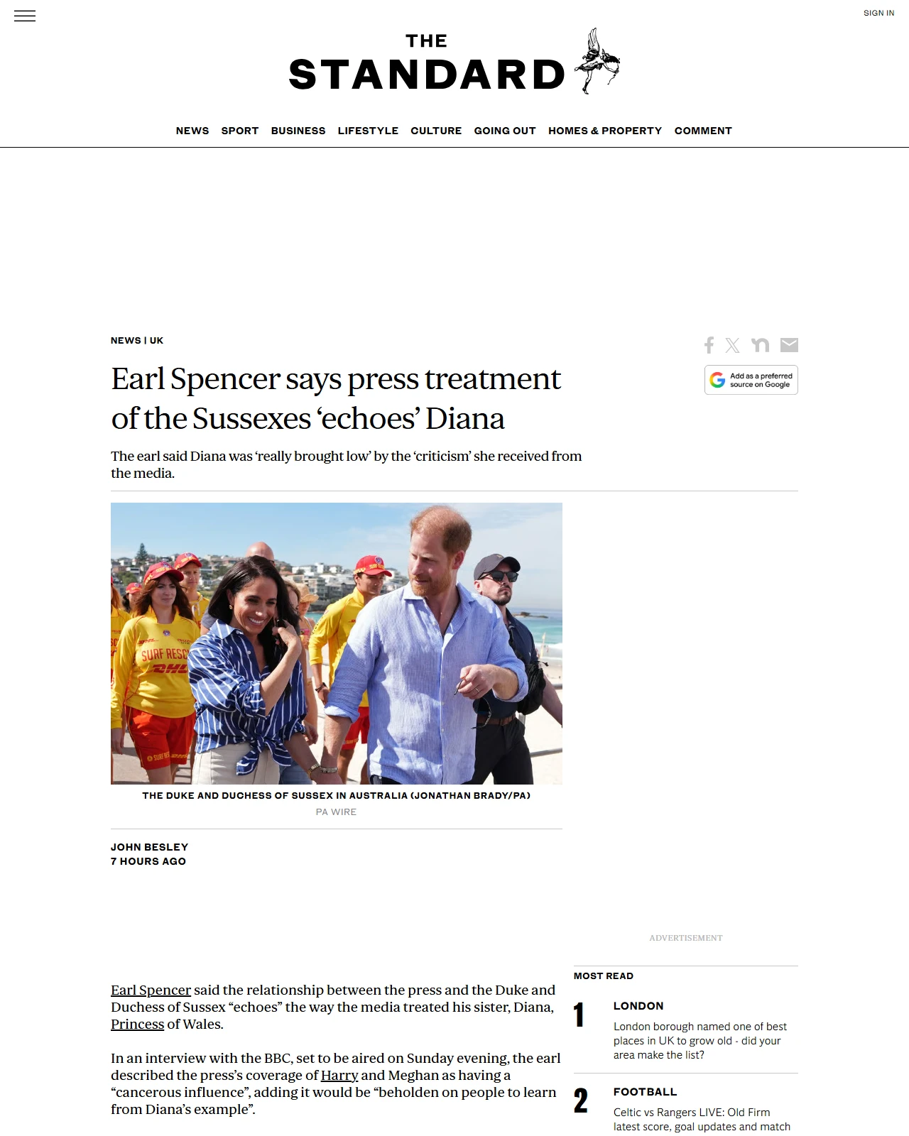 standard.co.uk as published: Earl Spencer says press treatment of the Sussexes ‘echoes’ Diana