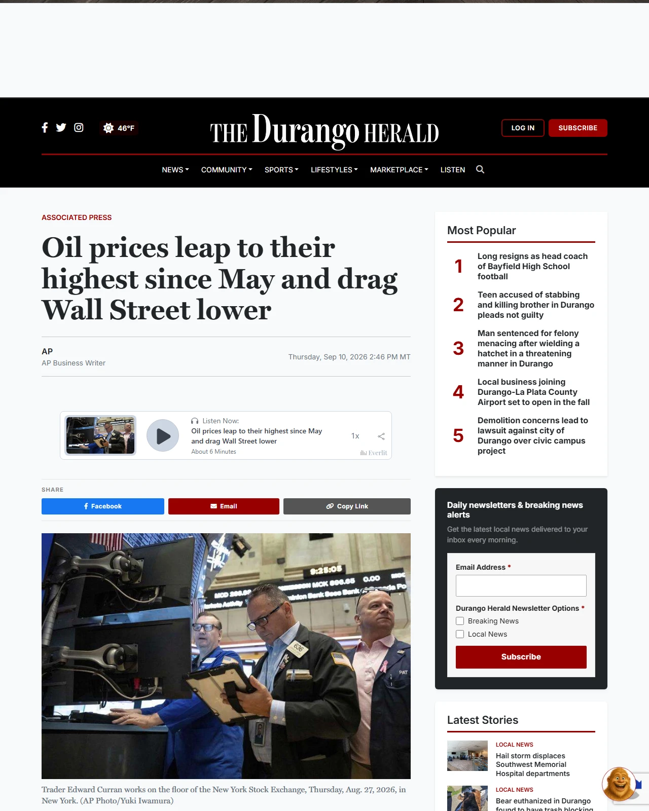 durangoherald.com as published: Oil prices leap to their highest since May and drag Wall Street lower