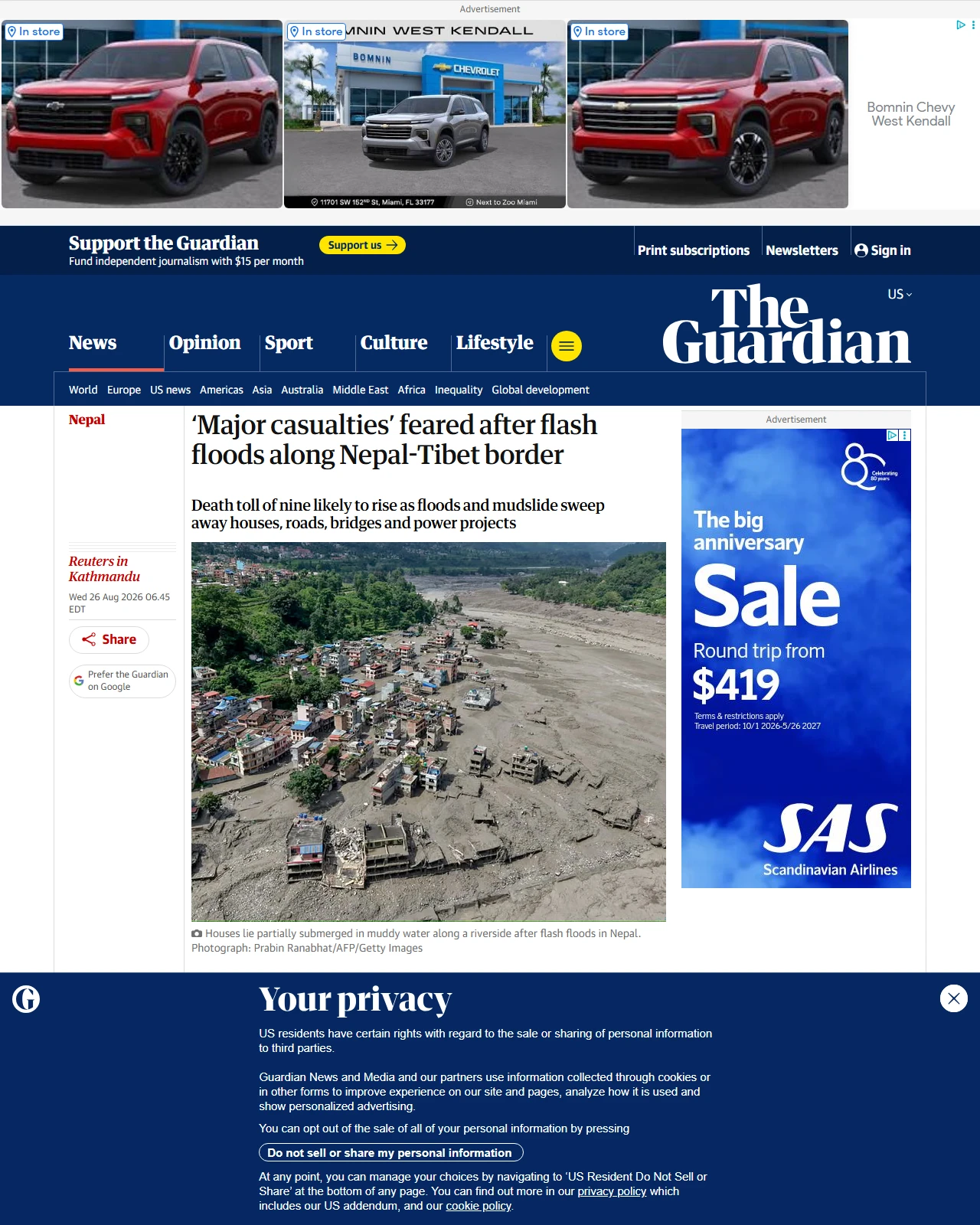 theguardian.com as published: Flash floods on Nepal-Tibet border leave scores dead and hundreds missing