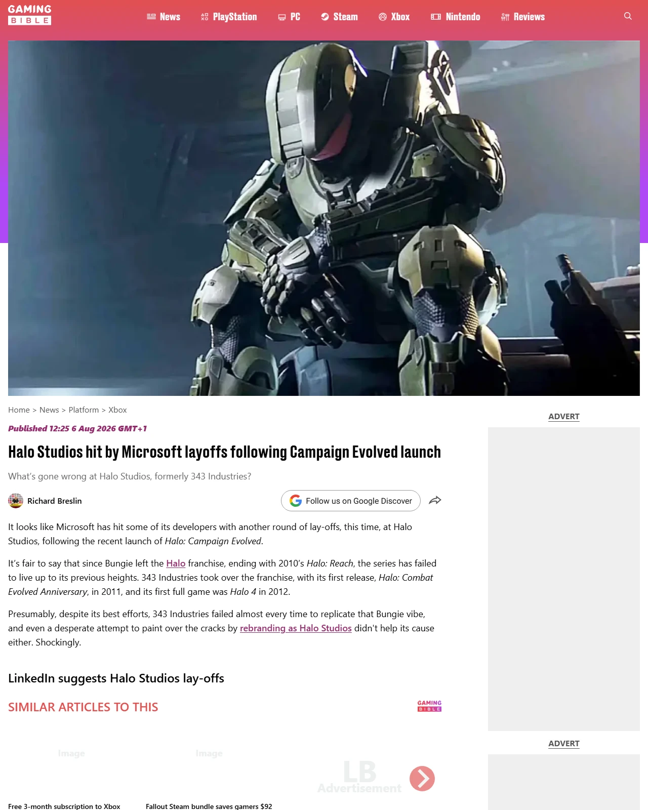 gamingbible.com as published: Halo Studios hit by Microsoft layoffs following Campaign Evolved launch