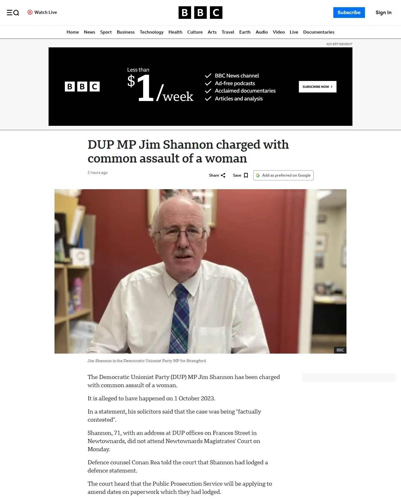 bbc.co.uk as published: DUP MP Jim Shannon charged with common assault of a woman