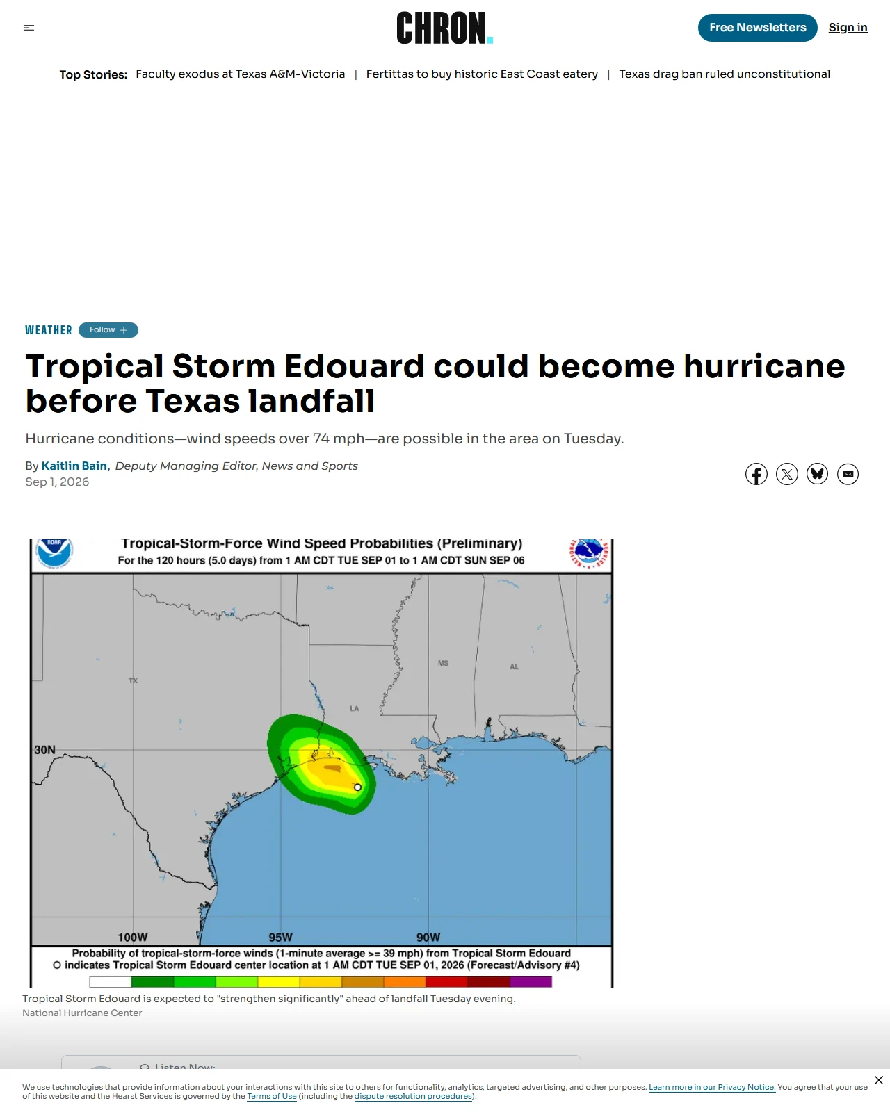 chron.com as published: Tropical Storm Edouard to 'strengthen significantly' before landfall