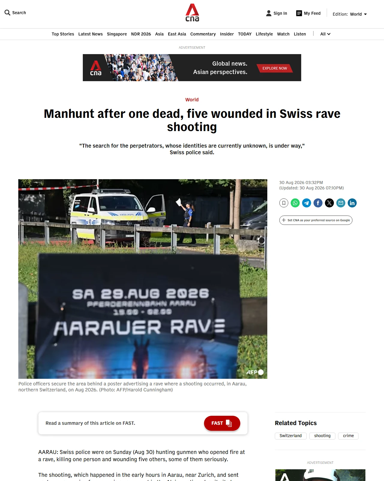 channelnewsasia.com as published: Manhunt after one dead, five wounded in Swiss rave shooting