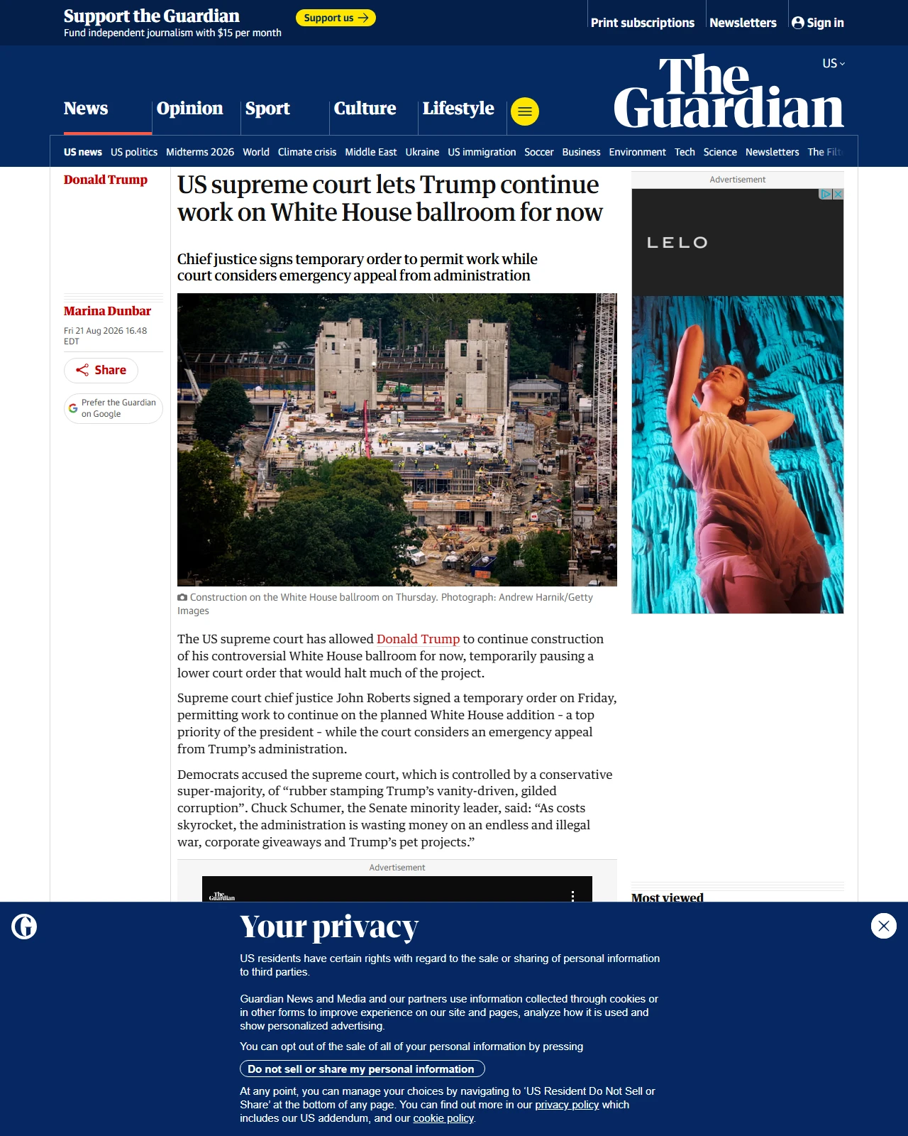 theguardian.com as published: US supreme court lets Trump continue work on White House ballroom for now