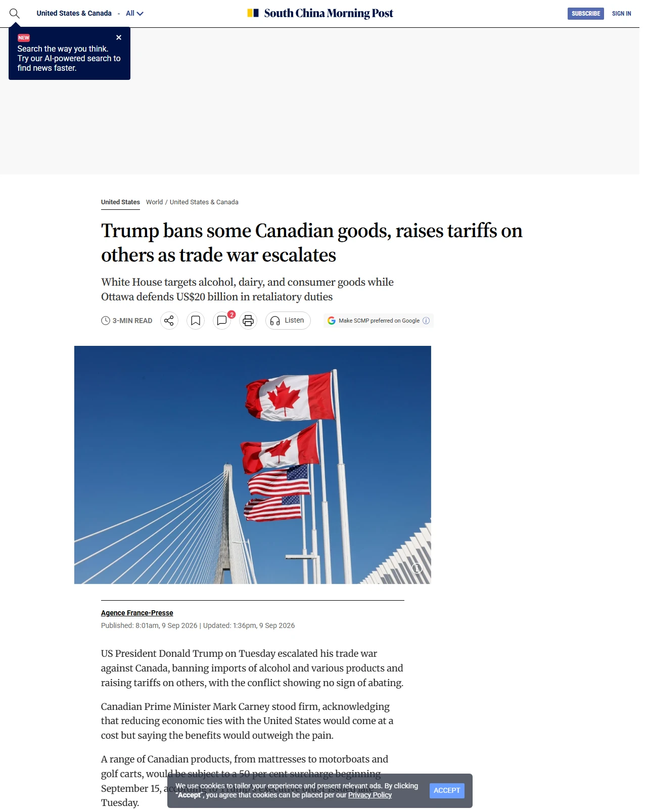 scmp.com as published: Trump bans some Canadian goods, raises tariffs on others as trade war escalates