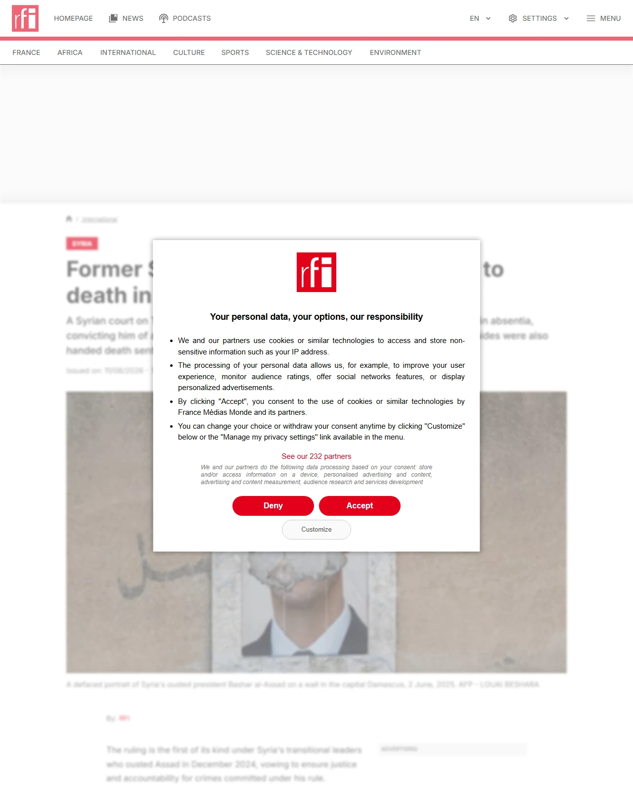 rfi.fr as published: Former Syrian leader Assad sentenced to death in absentia over war crimes
