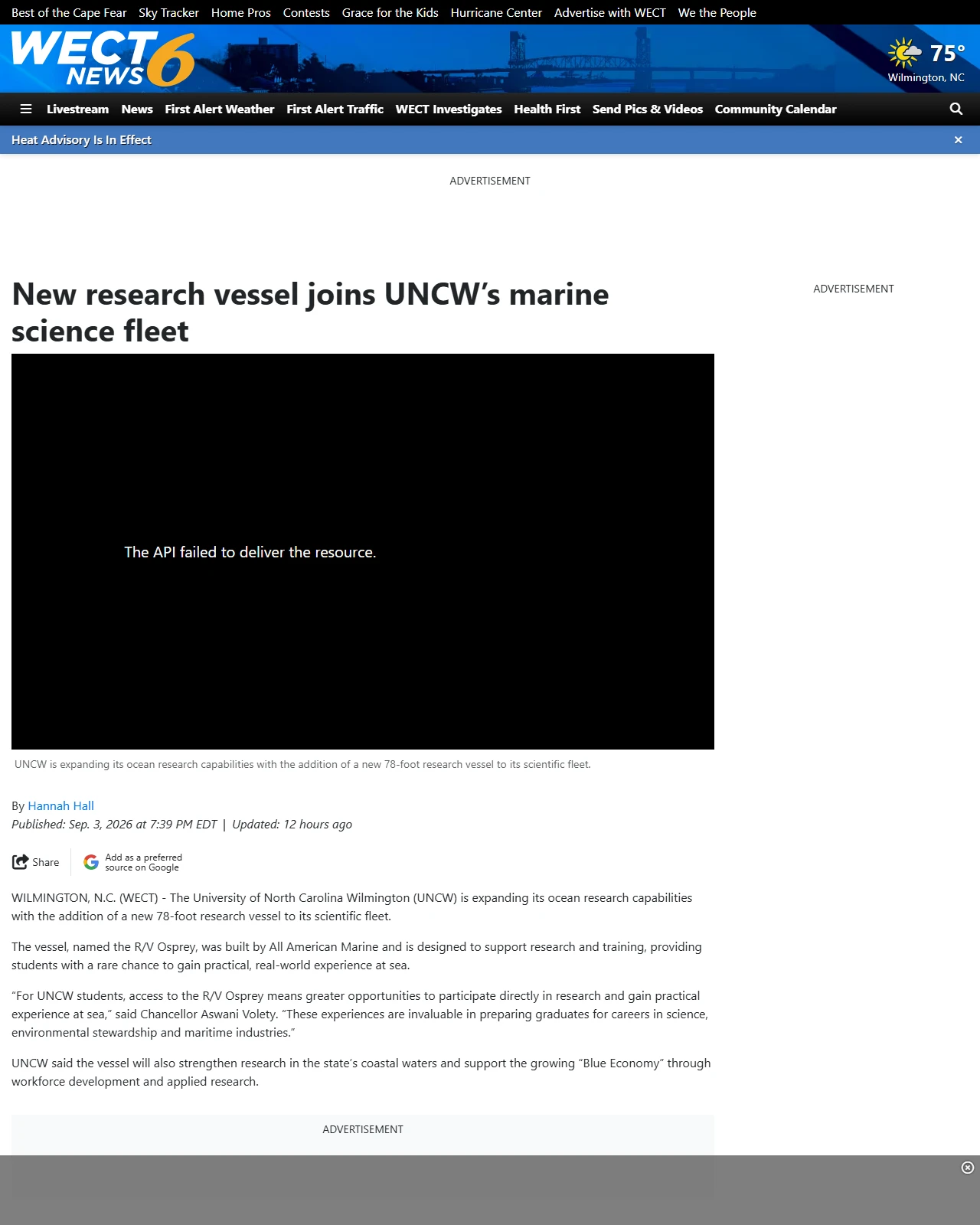 wect.com as published: New research vessel joins UNCW’s marine science fleet