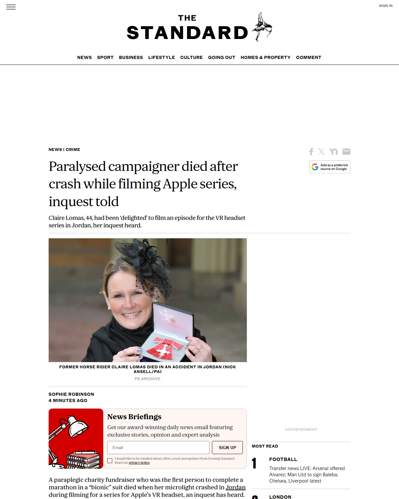 standard.co.uk as published: Paralysed campaigner died after crash while filming Apple series, inquest told