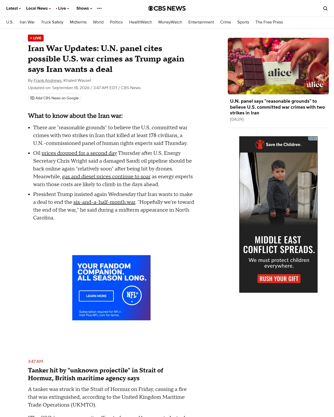 cbsnews.com as published: U.N. experts say U.S. may have committed war crimes with 2 Iran strikes