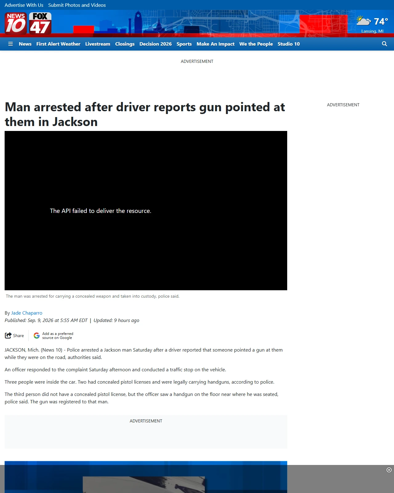 wilx.com as published: Man arrested after driver reports gun pointed at them in Jackson
