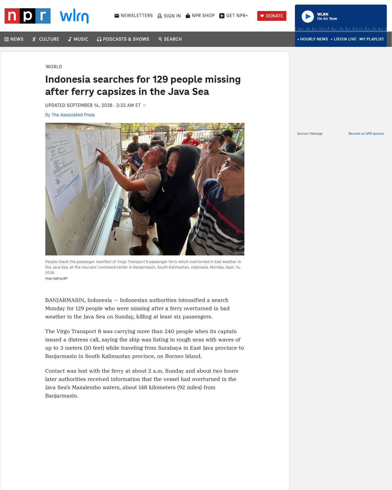 npr.org as published: Indonesia searches for 129 people missing after ferry capsizes in the Java Sea