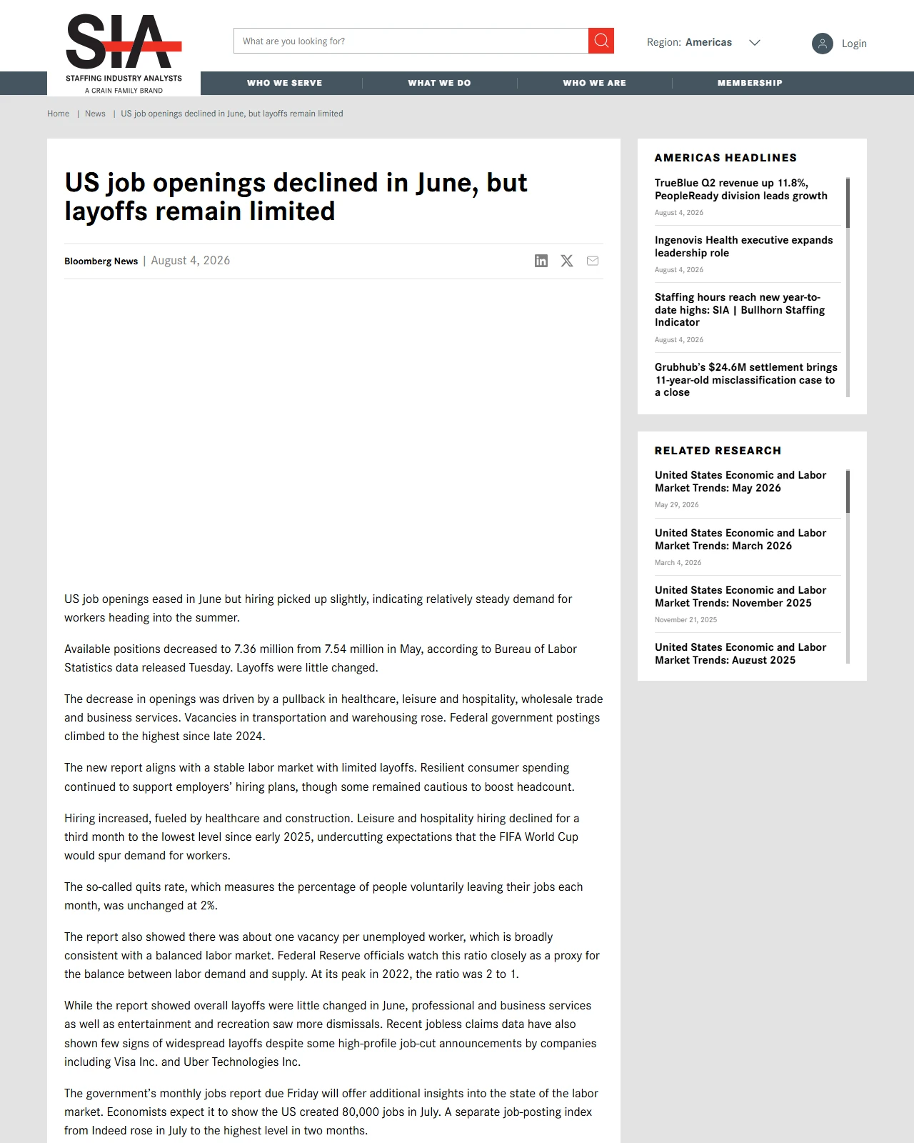 staffingindustry.com as published: US job openings declined in June, but layoffs remain limited